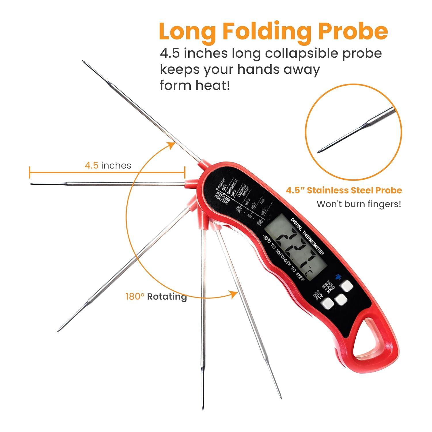 Digital Meat Thermometer for Grill/Cooking Fast Instant Read Waterproof Magnetic Probe Thermometer w/Backlight and Display for Kitchen, BBQ, Frying, etc. Chicken, Steak,or Burgers, Red