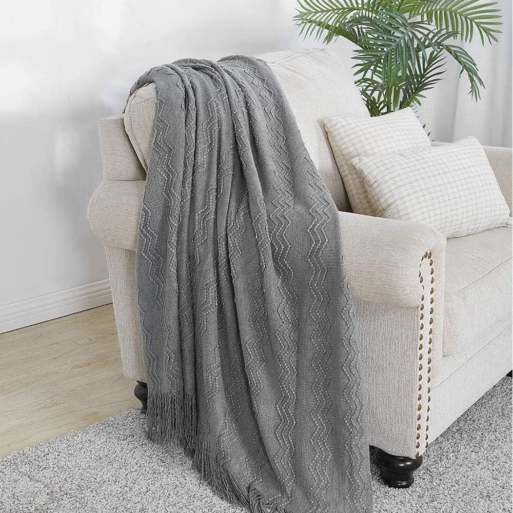 Gray Knitted Acrylic Throw Blanket with Fringe, 50" x 60"