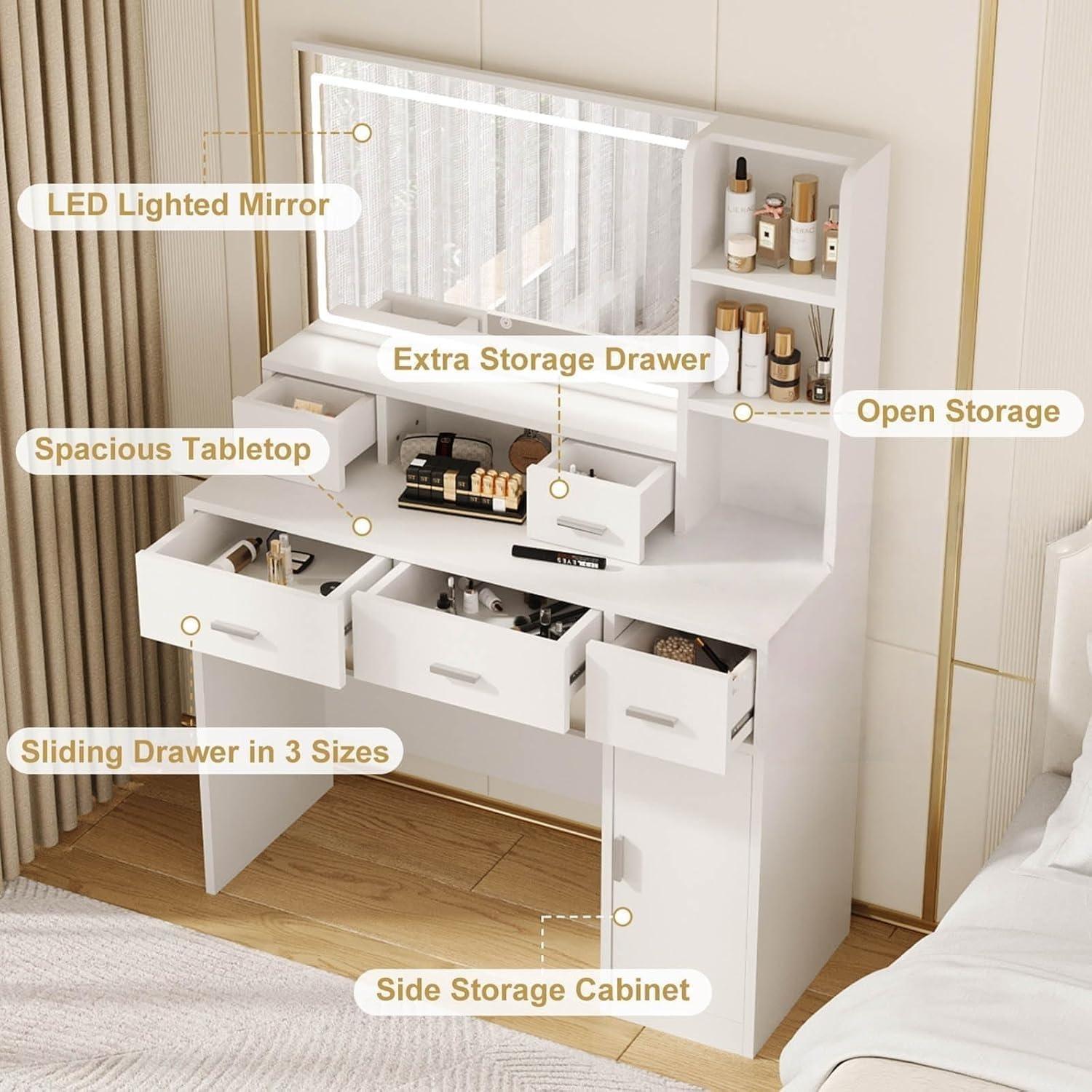 Vanity Desk with Large LED Mirror, Large Vanity Table with Charging Station, Makeup Vanity Desk with Drawers for Bedroom Dressing Room, Women Girls