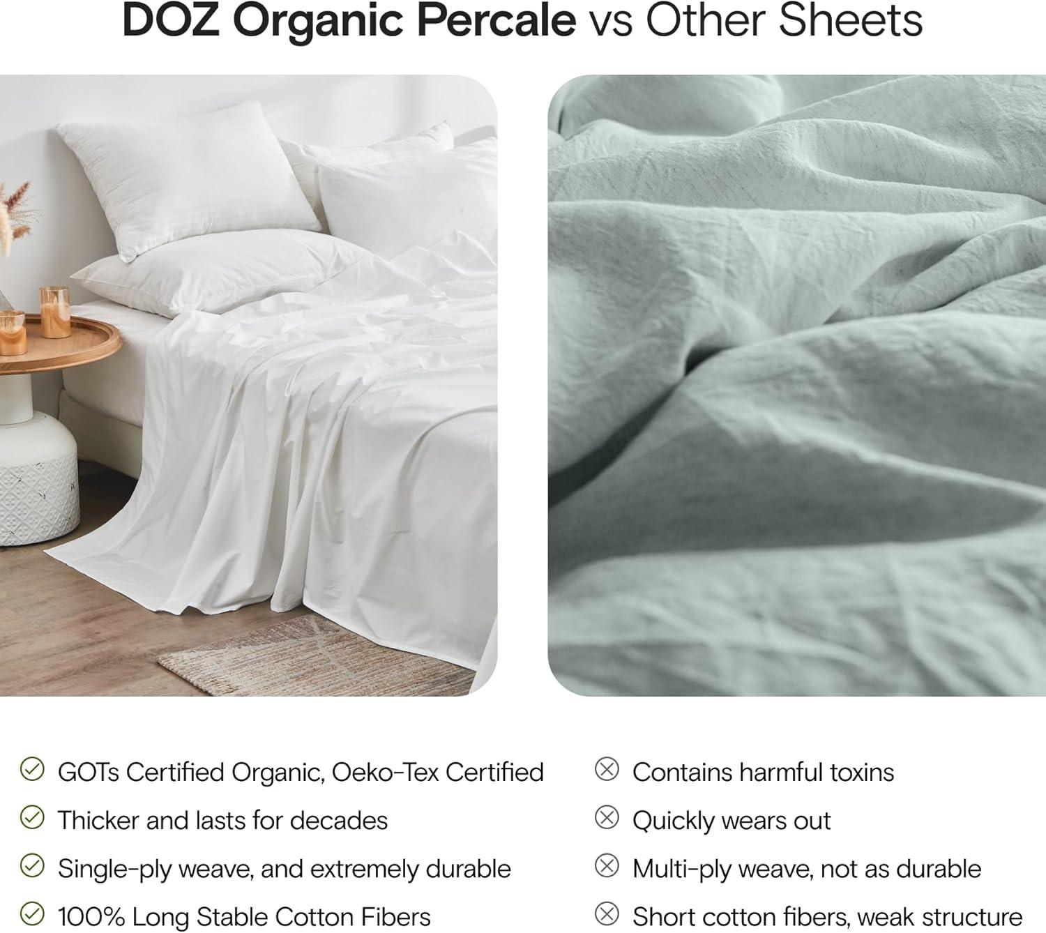 DOZ 100% GOTS Organic Percale Sheet Set, Crisp Cool, Long Staple, Breathable, Durable Storm Queen