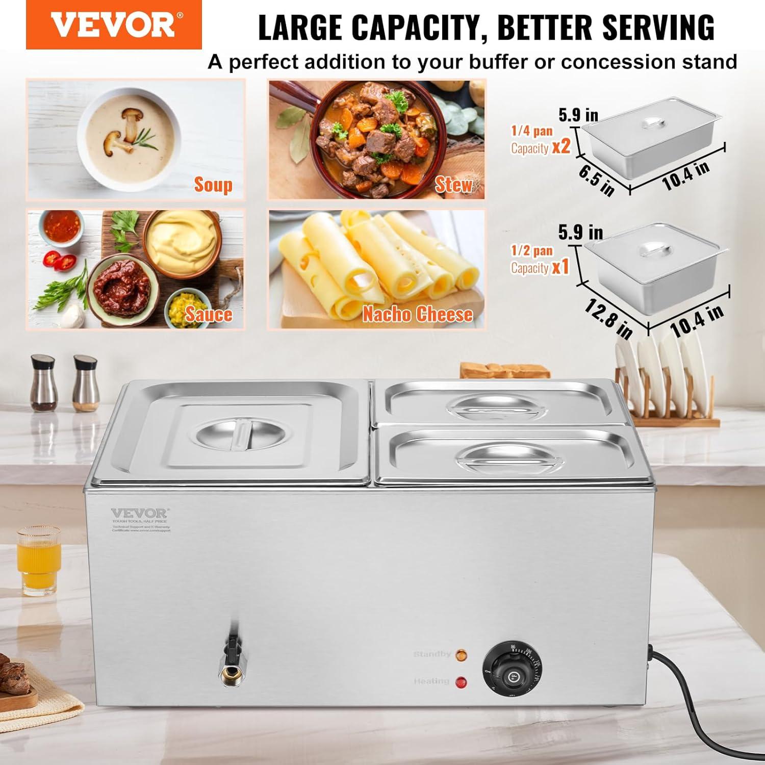 VEVOR 3-Pan Commercial Food Warmer, 17QT Electric Steam Table, 1200W Professional Countertop Stainless Steel Buffet Bain Marie with 86-185°F Temp Control for Catering and Restaurants, Silver