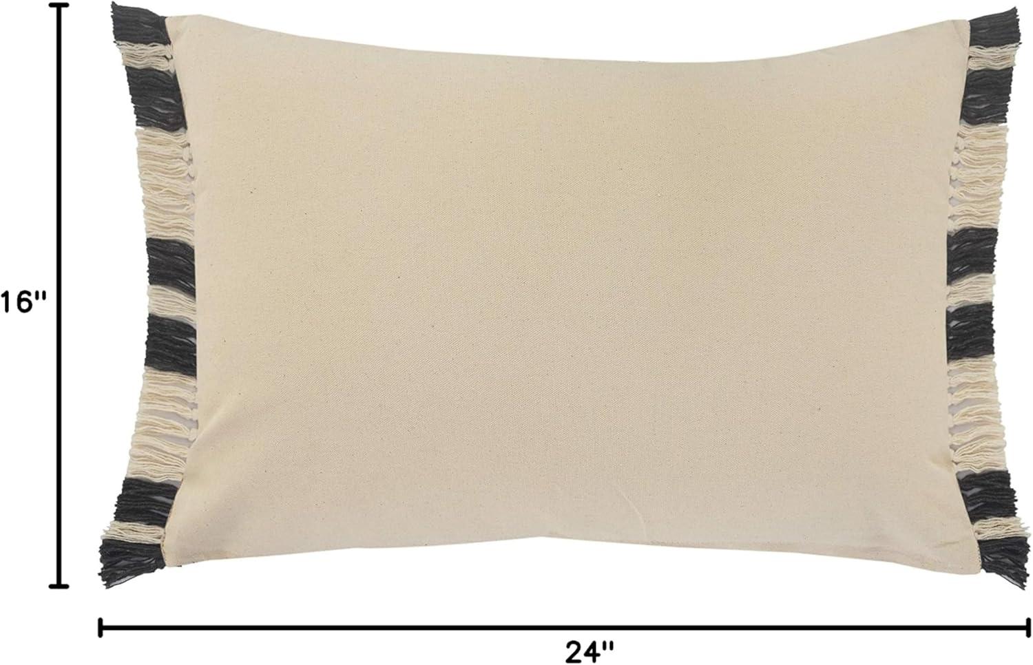 Gray and White Cotton Lumbar Pillow with Fringe, 16" x 24"