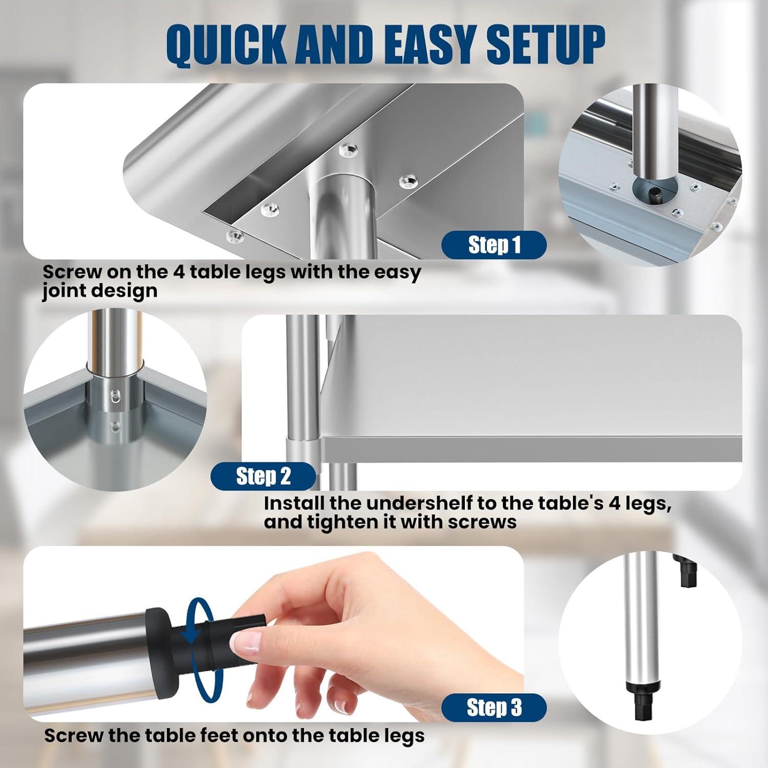 Stainless Steel Work Table with Undershelf. Metal Prep Table. NSF - Certified