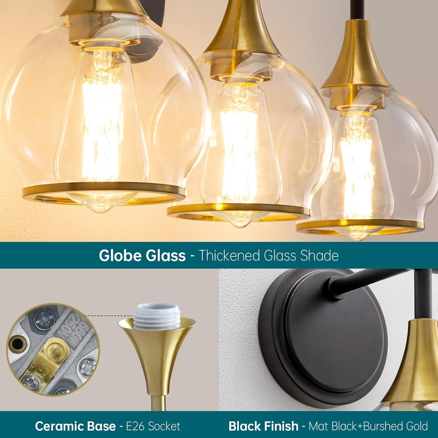 Black and Gold Bathroom Light Fixtures 2-Lights Vanity Lights with Clear Glass Shade Bathroom Vanity Light 14 Inch Wall Sconces(Exclude E26 Bulb)…