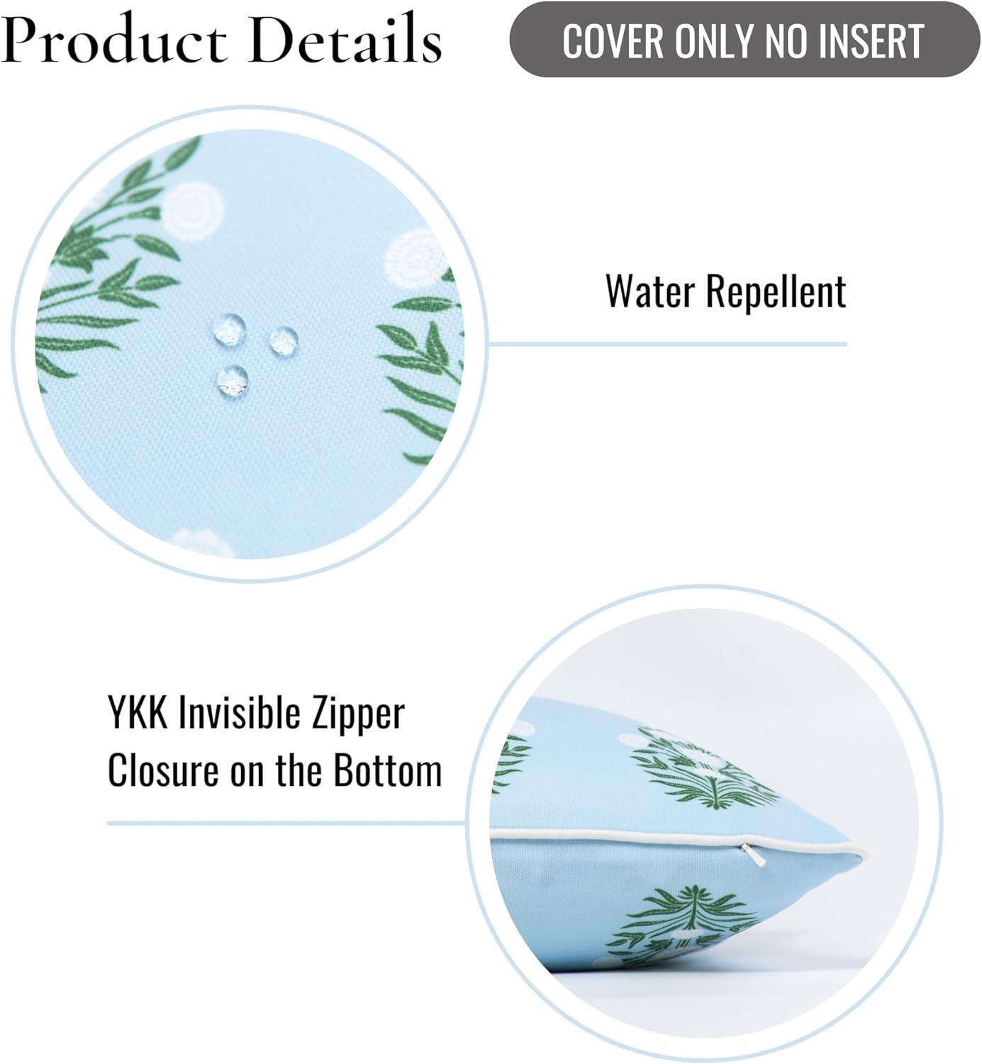 Hofdeco Premium Coastal Patio Indoor Outdoor Throw Pillow Cover Only, 18"x18" Water Repellent for Backyard, Couch, Baby Blue White Green Floral with Piping