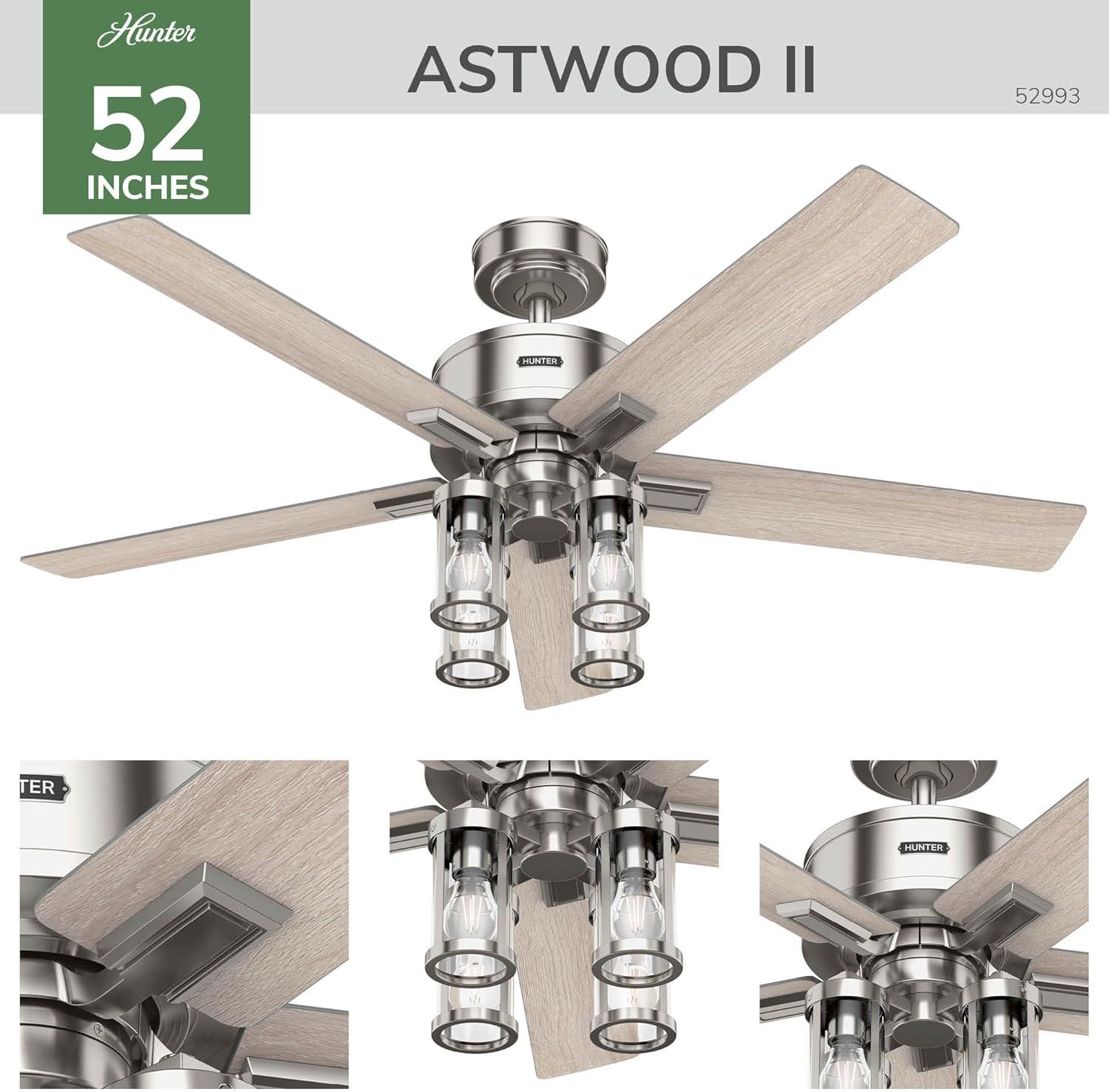 Hunter - Astwood II  Indoor Ceiling Fan With Light, Remote, 52-inch, Brushed Nickel, Casual-style, 4-speed WhisperWind Motor, 52993, for living rooms, bedrooms, home offices, kitchens