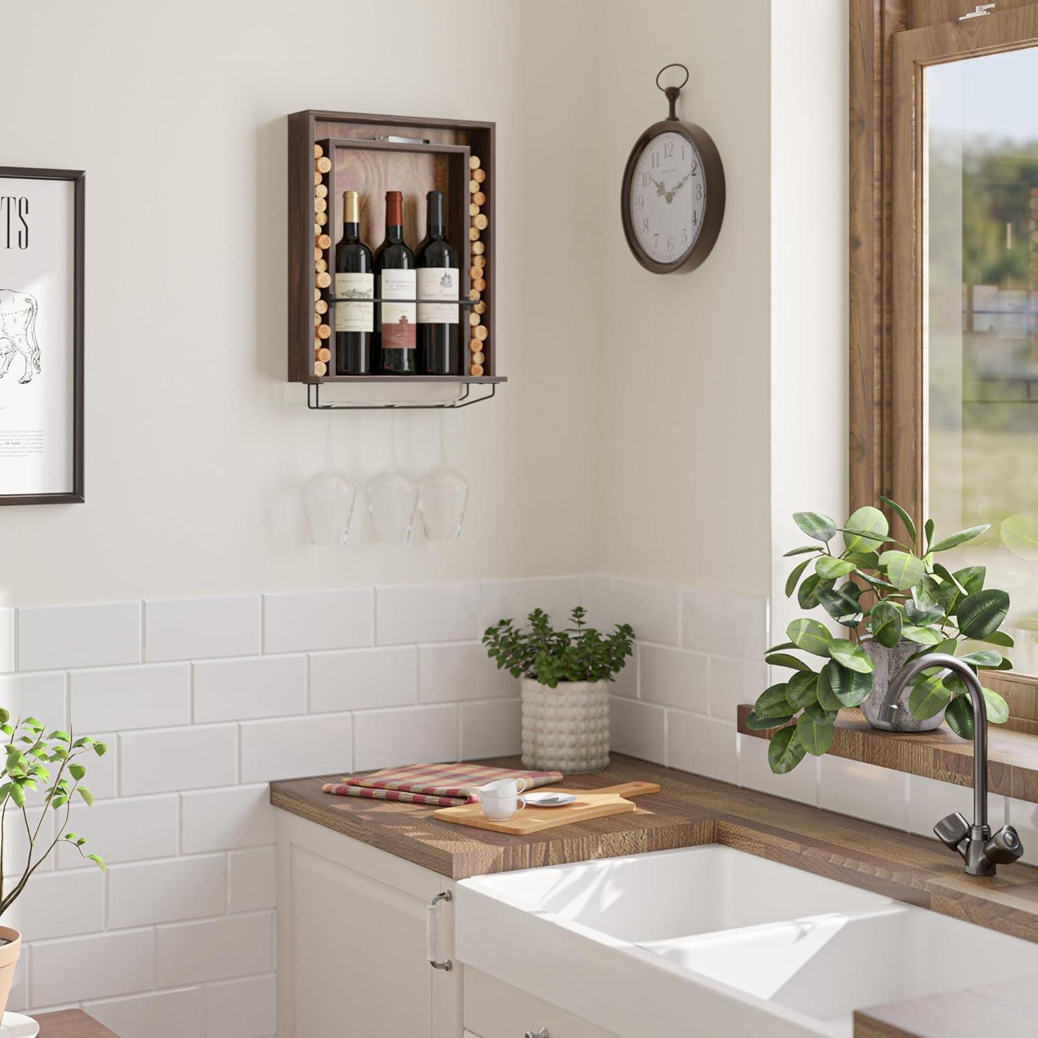 Rustic State 3 Bottle Solid Wood Wall Mounted Wine Bottle & Glass Rack in Dark Brown | Wayfair