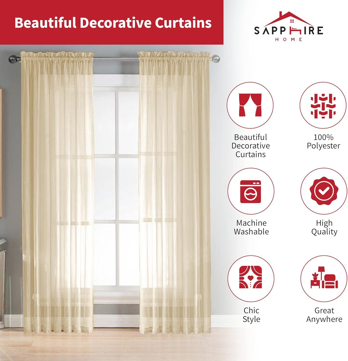 Sapphire Home 2 Panels Window Sheer Curtains 54" x 63" Inches 108" Total Width, Voile Panels for Bedroom Living Room, Rod Pocket, Decorative Curtains, Solid Sheer 63" Beige/Ivory