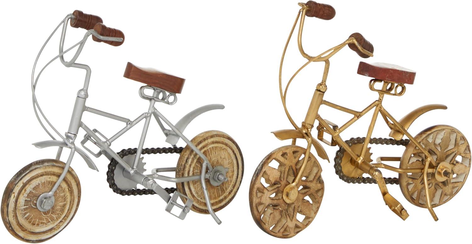 4"W, 8"H Multi Colored Metal Bike Sculpture with Wood Wheels, by DecMode (2 Count)