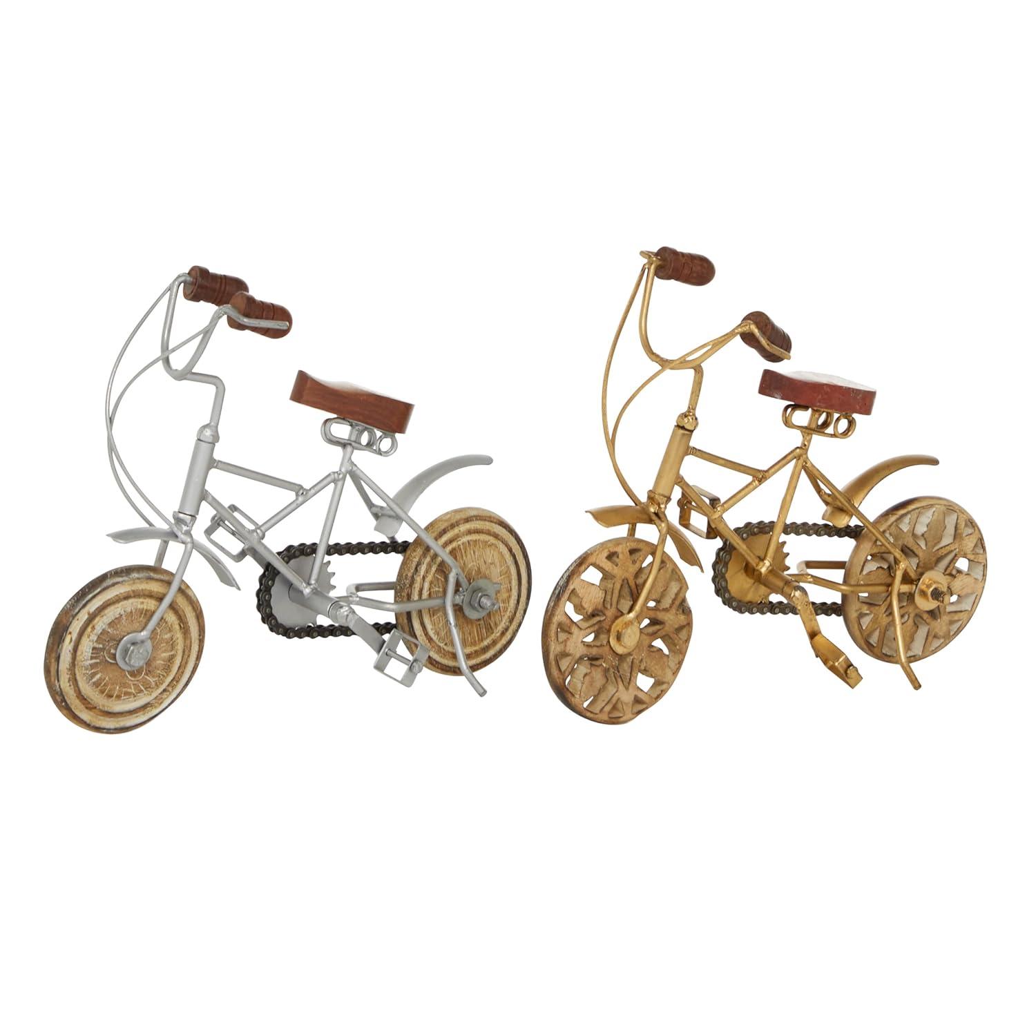 4"W, 8"H Multi Colored Metal Bike Sculpture with Wood Wheels, by DecMode (2 Count)