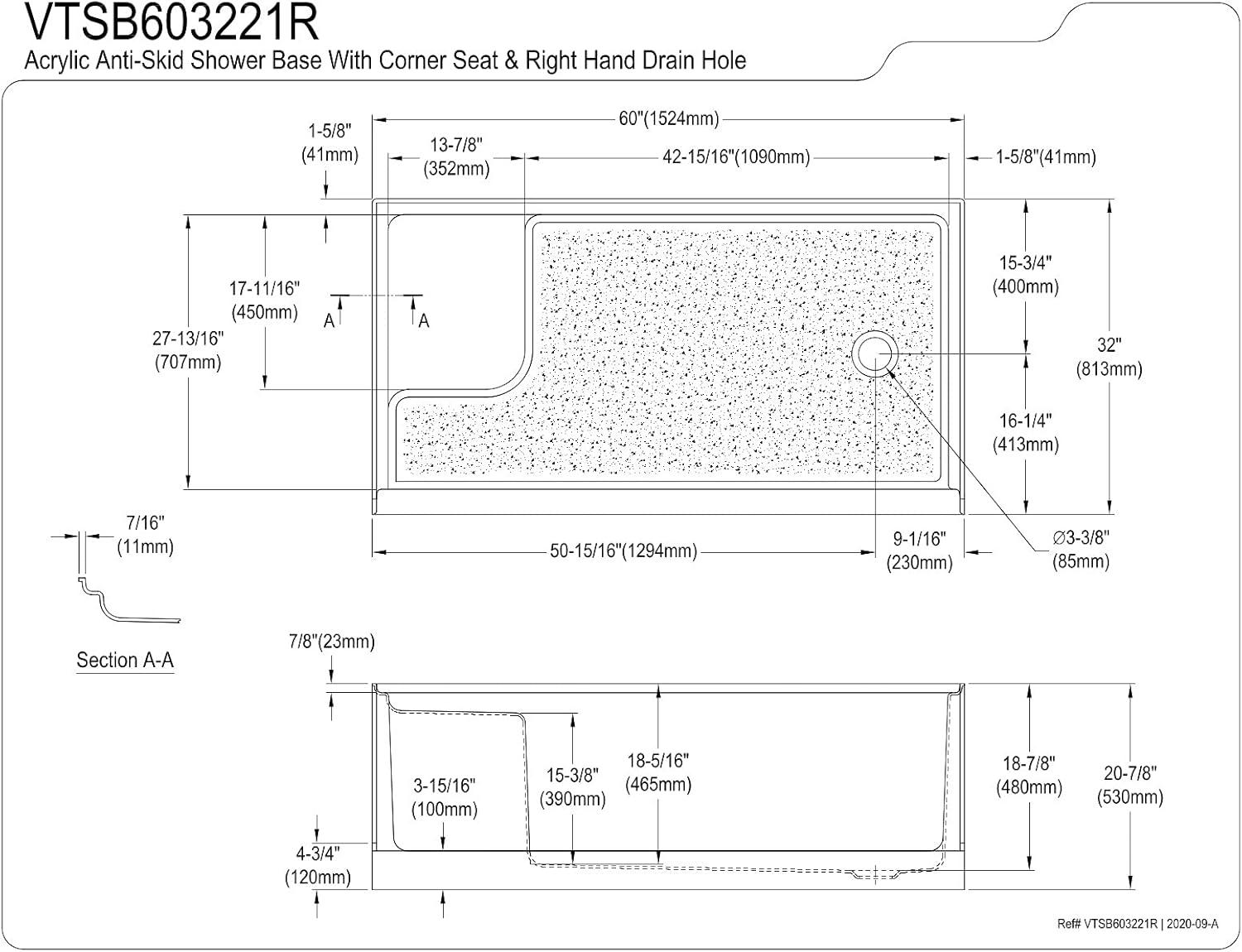 60" W x 32" D Single Threshold Shower Base with Seat