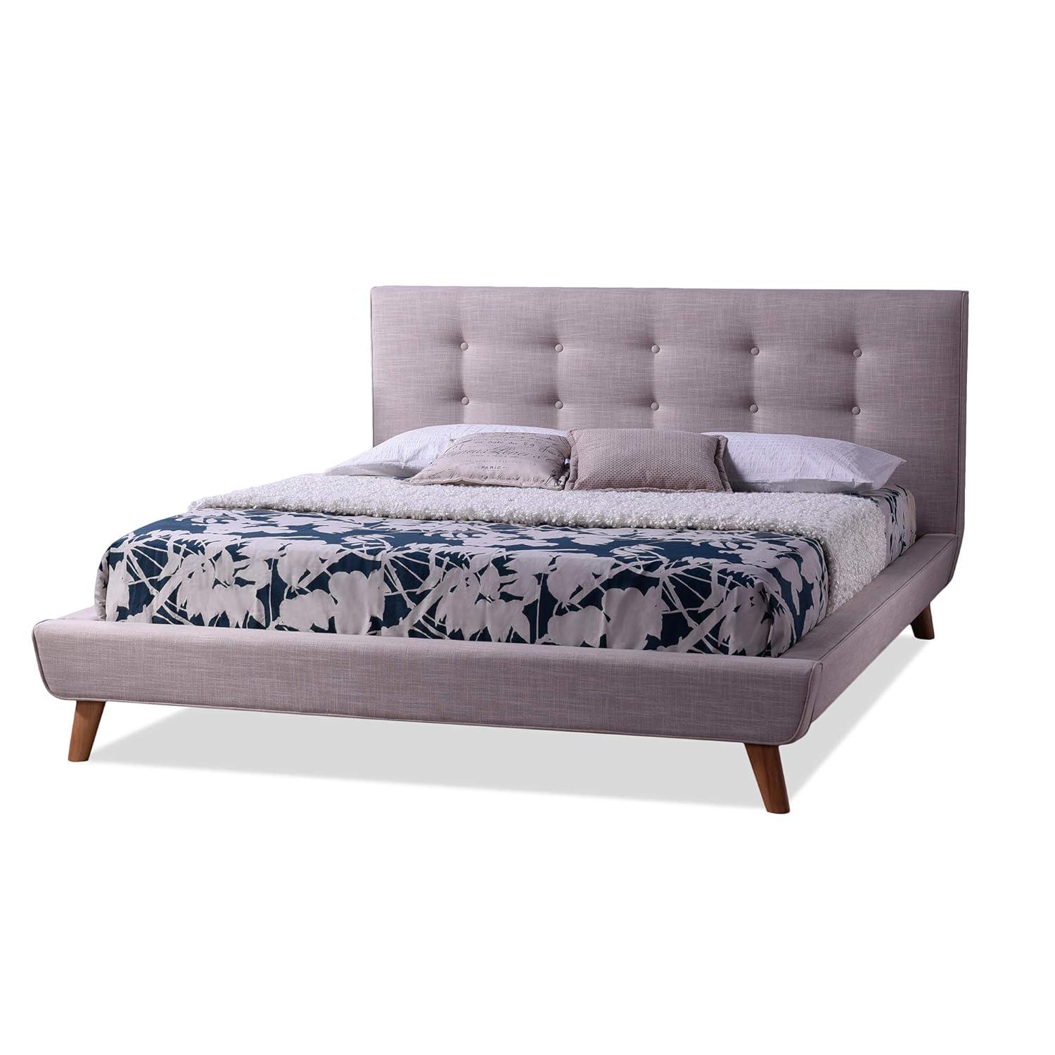 King Jonesy Scandinavian Style Mid-Century Fabric Upholstered Platform Bed Beige - Baxton Studio