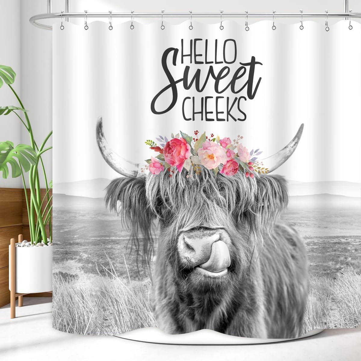 Farmhouse Highland Cow Shower Curtain Wildlife Bull Cattle Western Farm Grassland Vintage Rustic Animal Country Home Bathroom Decor Waterproof Fabric 72Lx72W Inch with Plastic 12PCS Hooks