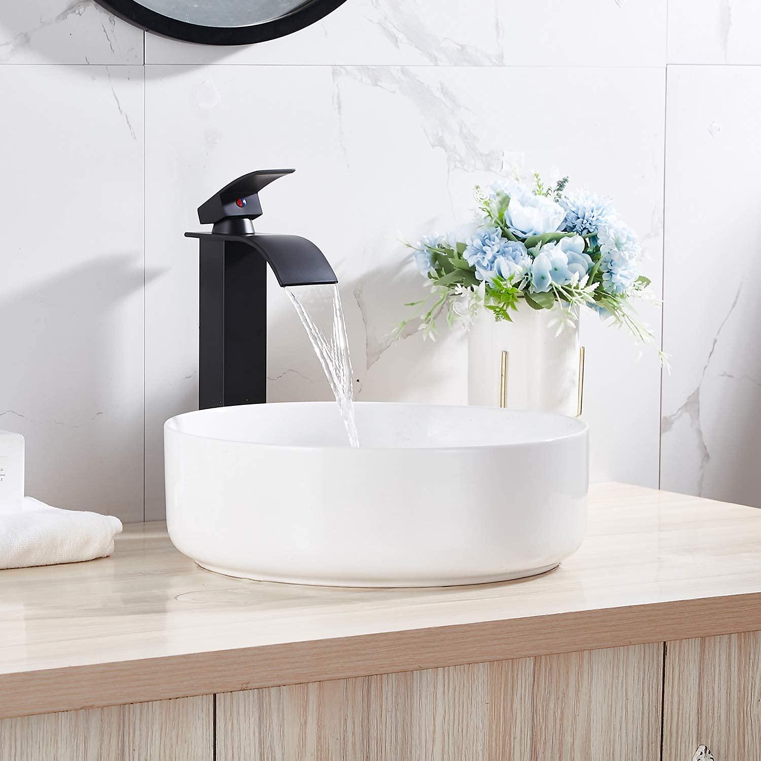 Waterfall Bathroom Faucet Single Handle，Bathroom Sink Faucet 1 Hole，Waterfall Faucet for Bathroom Sink，Vessel Sink Faucet Matte Black Tall Bathroom Faucet