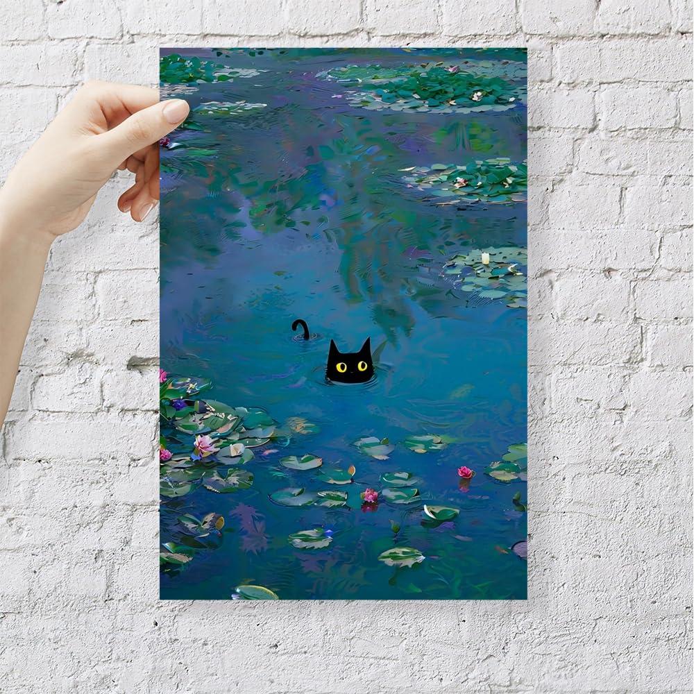 Black Cat Wall Art Monet Canvas Prints Vintage Famous Oil Paintings Funny Cat in Water Lilies Posters Room Decor For Bedroom Living Room Bathroom Aesthetic Wall Decor 12x16in Unframed