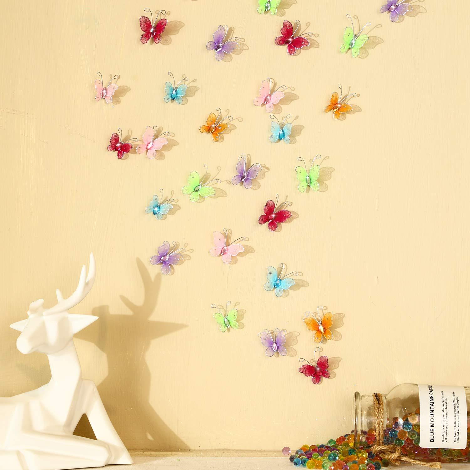 Zonon 60 Pcs Small Butterflies for Crafts Organza Butterflies Pack Sheer Mesh Wire Glitter Butterfly Nylon Colorful Butterfly with Gem for DIY Wedding Birthday Party Decoration, 2 Sizes(Vivid Color)