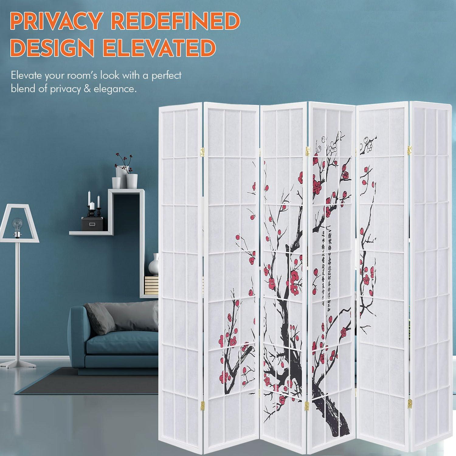 Legacy Decor 6 Panel Room Divider Privacy Screen Panel Blossom Shoji Design White Color
