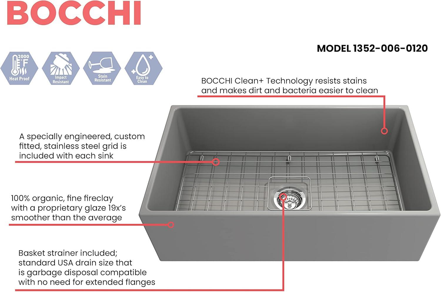 BOCCHI Contempo Farmhouse Apron Front Fireclay 33 in. Single Bowl Kitchen Sink with Protective Bottom Grid and Strainer in Matte Gray