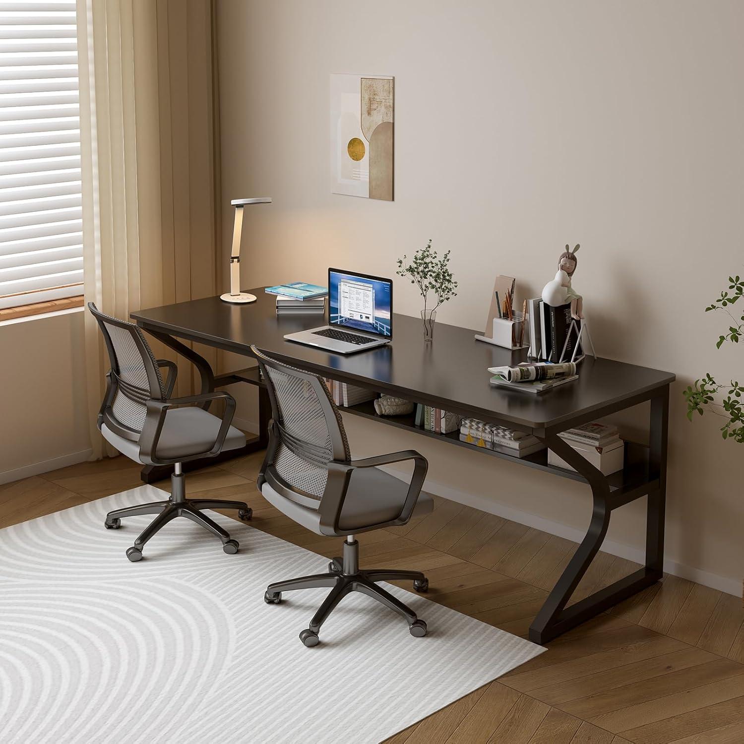 Latitude Run® Extra Long Desk with Bookshelf - 71" Double Long Writing Table for 2-Person Workstation