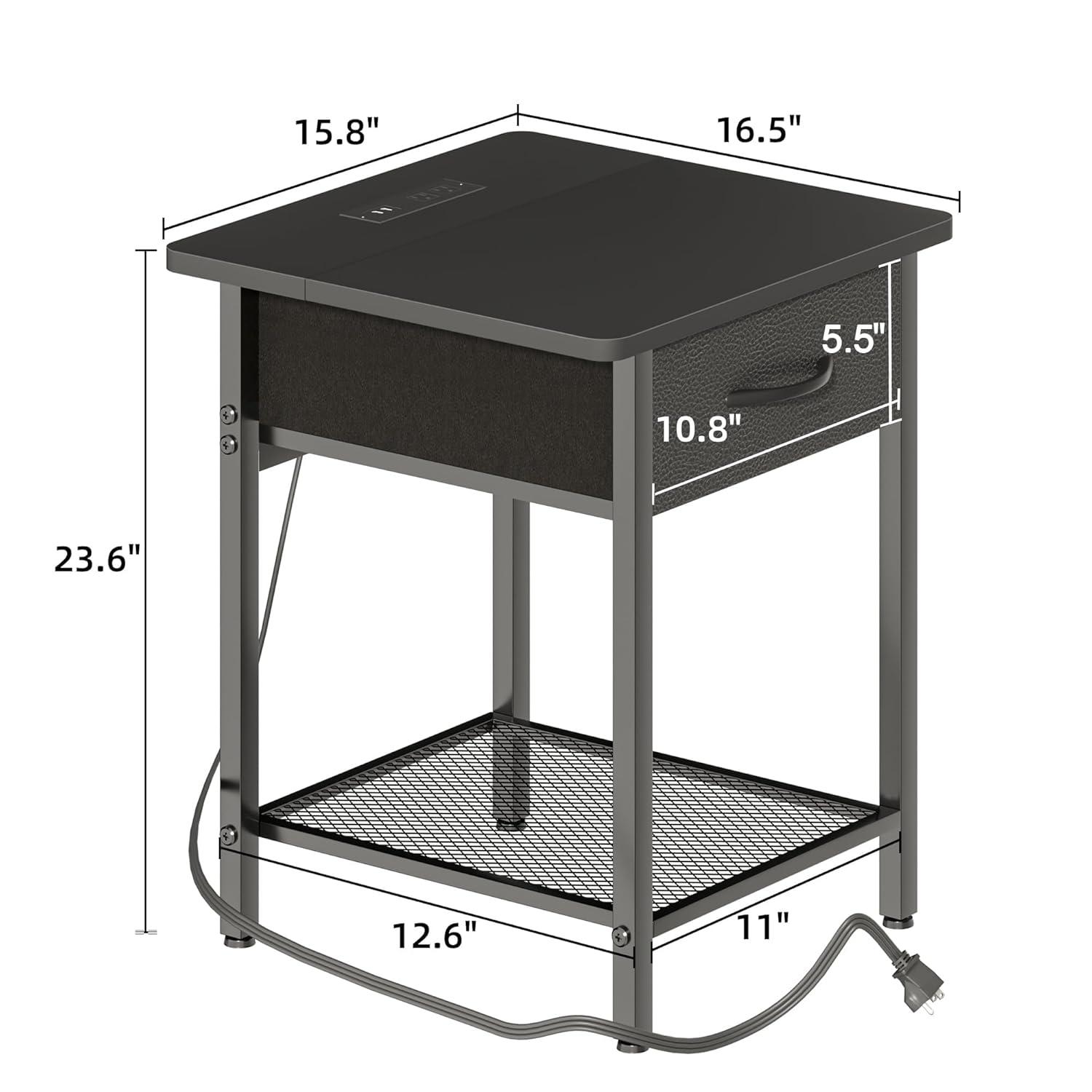 17 Stories Nightstands Set Of 2 With Charging Station And Fabric Storage Drawer,16.5" X 15.8" Side Table With Storage For Bedroom, Bedside Tables With Steel Fram