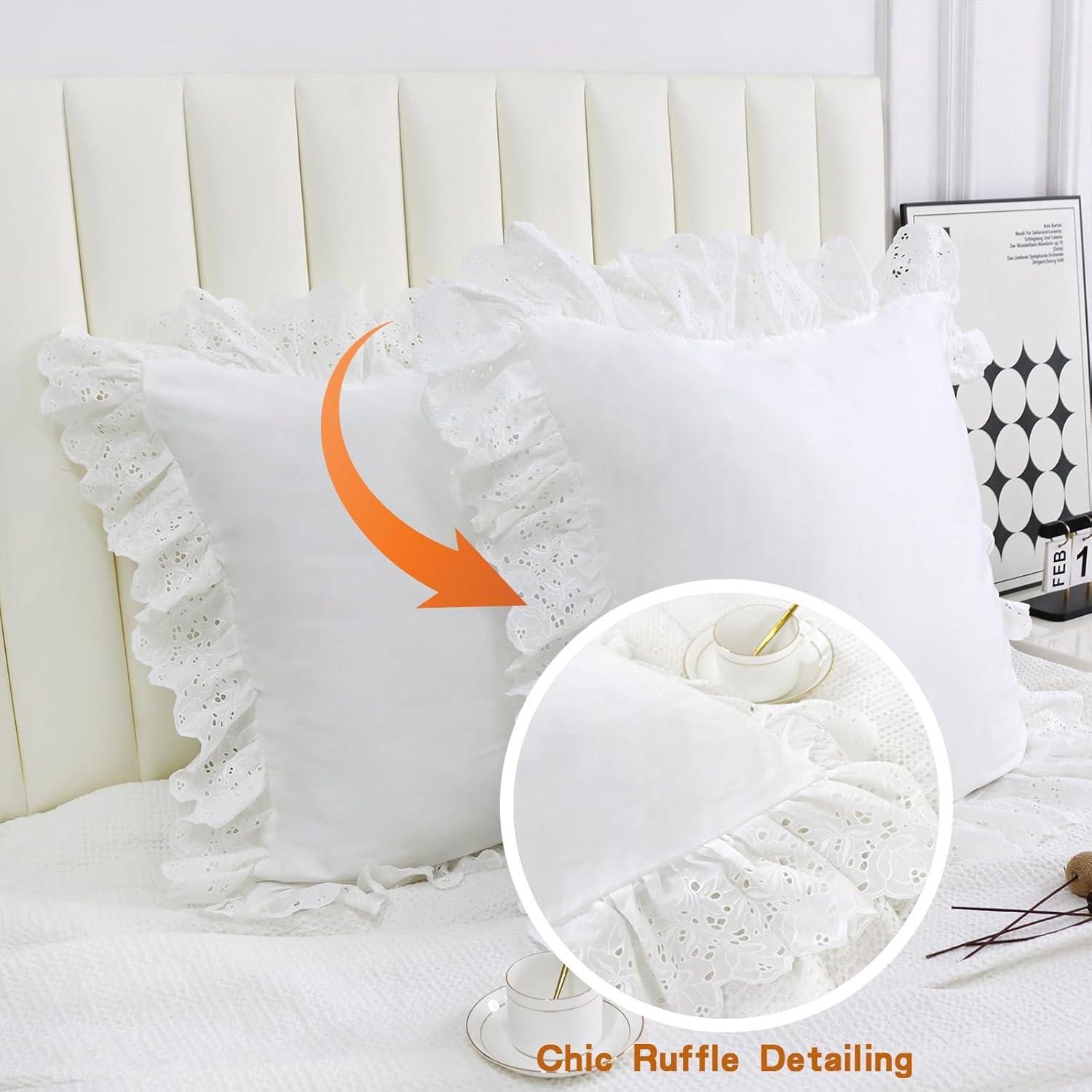 Lemfux Cotton Euro Shams with White Lace Ruffles, 26 x26 Inch, Set of 2,Rustic Farmhouse Lace Shabby Soft Breathable Bridal Pure White European, White Decorative Pillow Covers