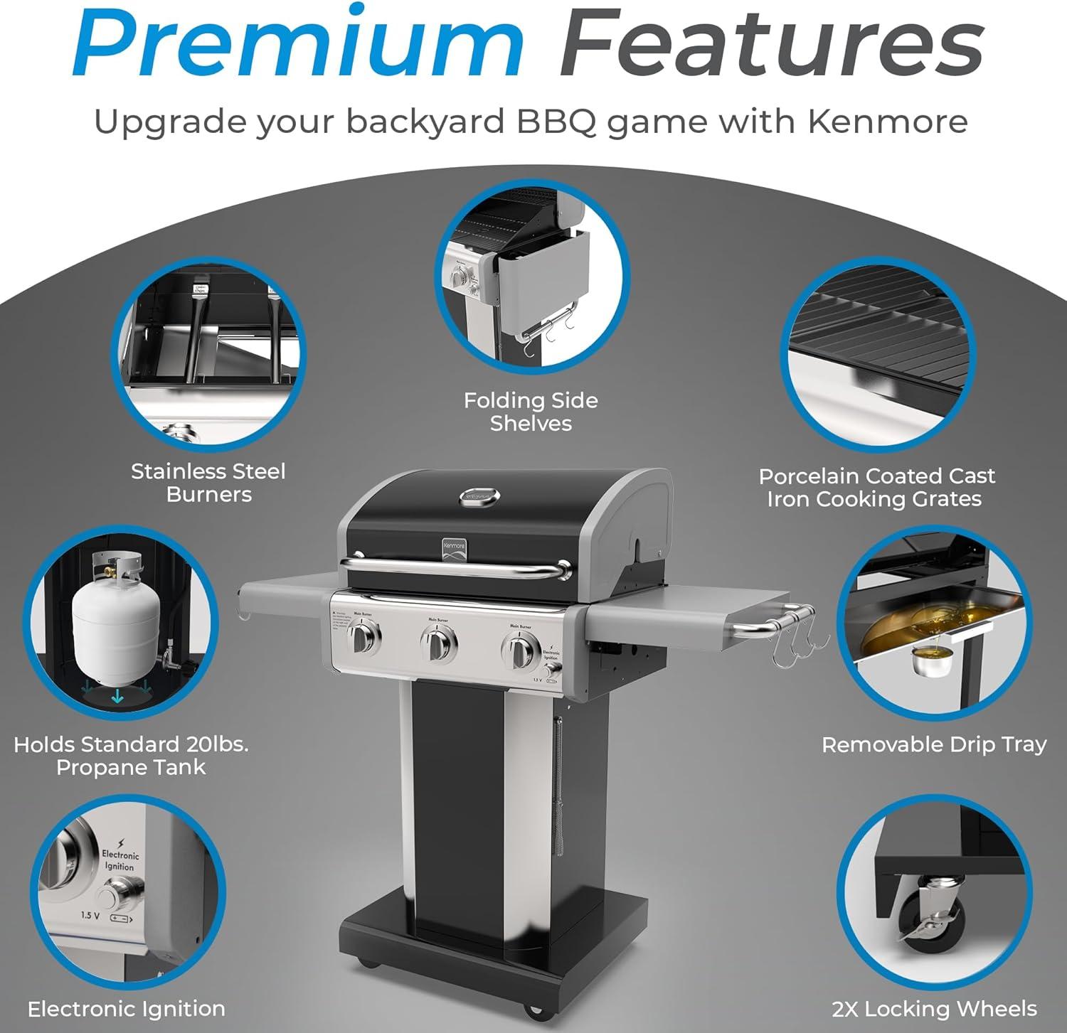 Kenmore 3-Burner Propane Gas Grill with Foldable Side Tables for Outdoor BBQ