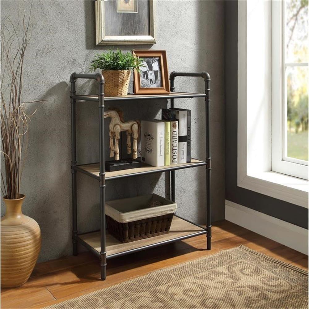 36" Itzel 3 Shelves Bookcase Antique Oak/Sandy Gray - Acme Furniture: Metal Frame, Open Back Design, Assembly Required