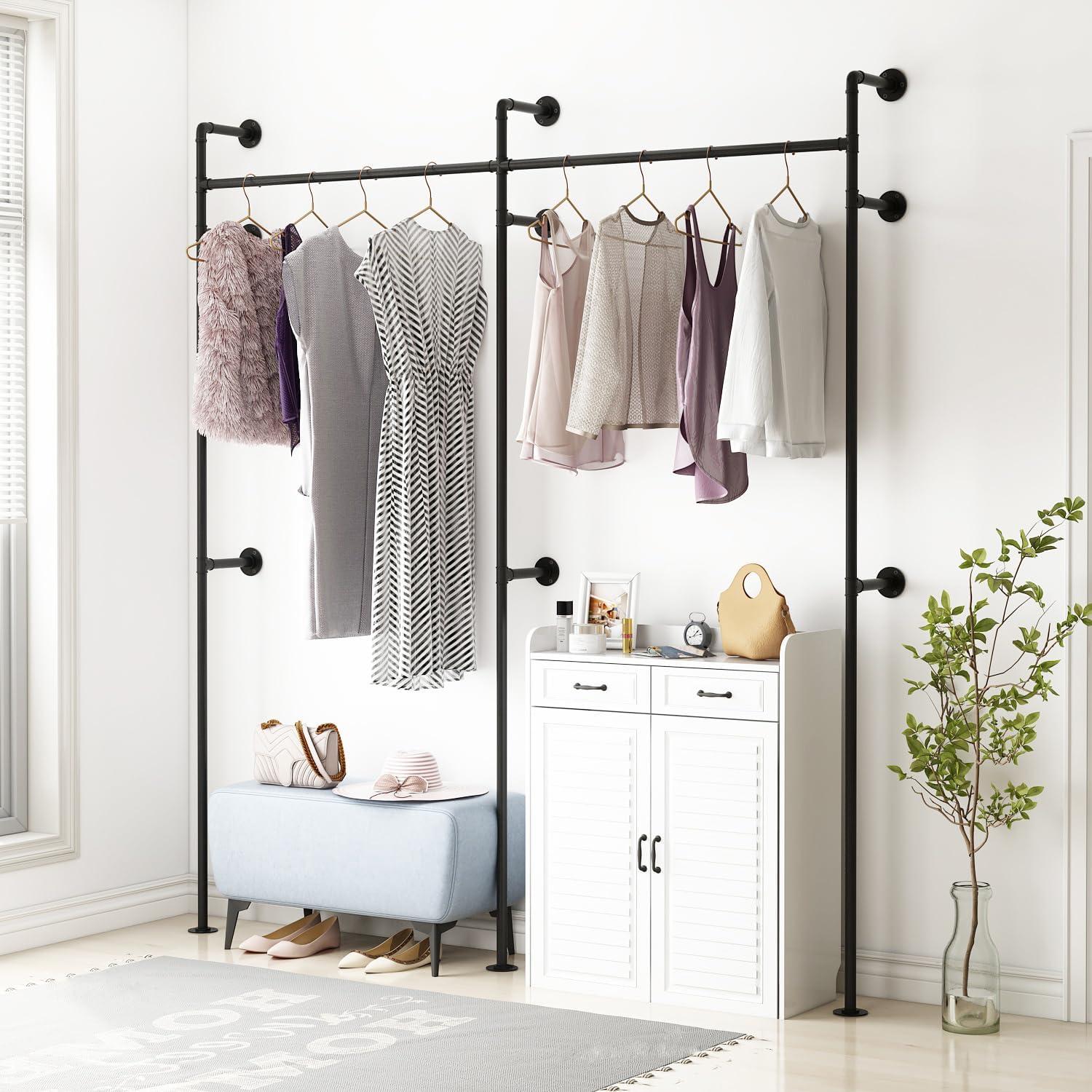 Industrial Pipe Clothes Rack Wall Mounted Clothing Rack,Heavy Duty Iron Pipe Garment Rods,Detachable Multi-Purpose Clothing Hanging Rod/Garment Bar, Black