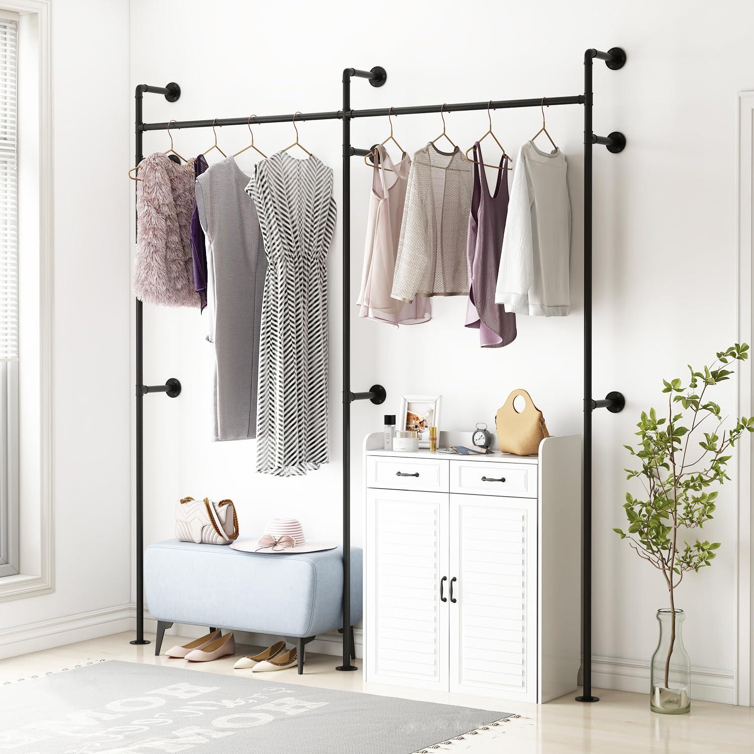 Industrial Pipe Clothes Rack Wall Mounted Clothing Rack,Heavy Duty Iron Pipe Garment Rods,Detachable Multi-Purpose Clothing Hanging Rod/Garment Bar, Black