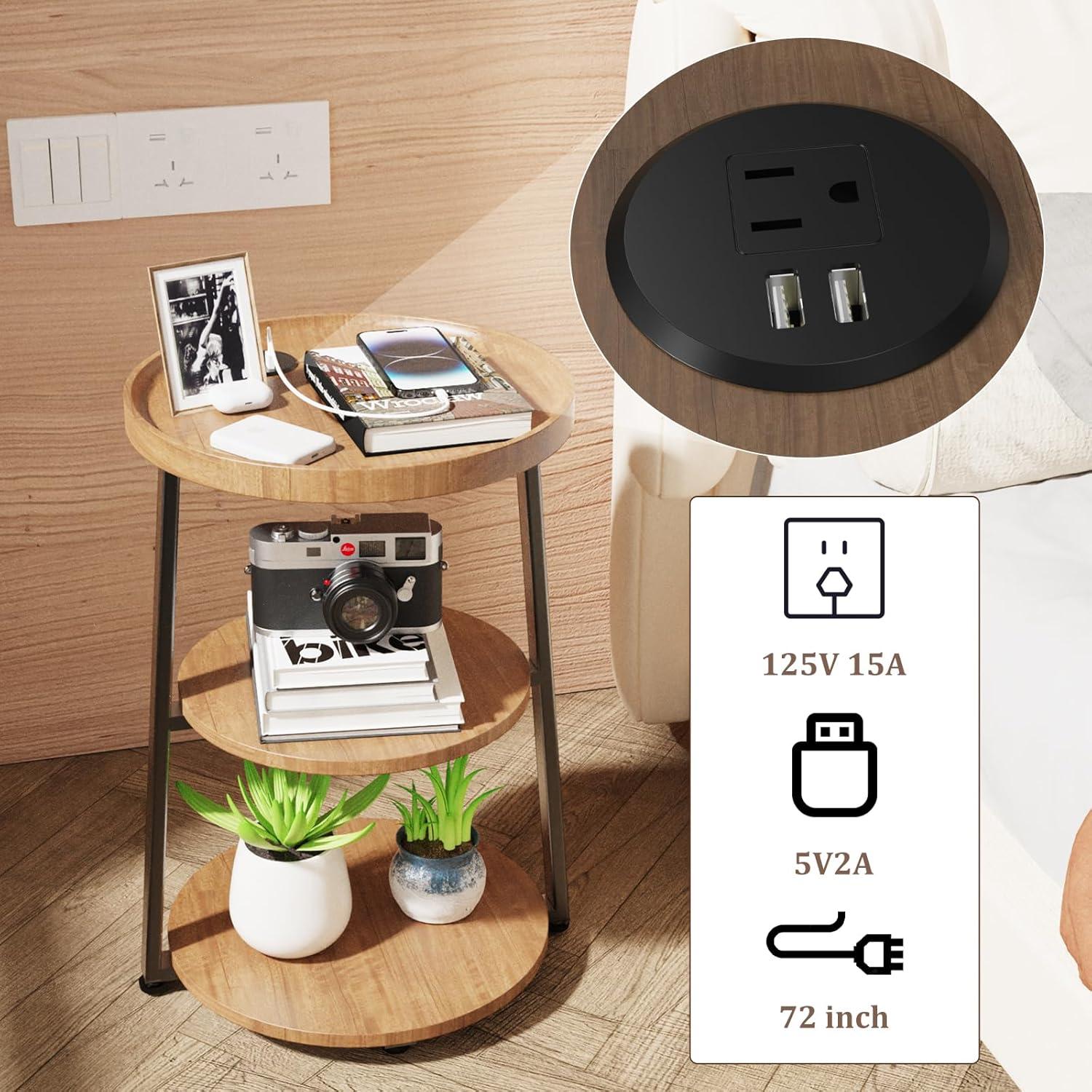 Round End Table with Charging Station, 3-Tier Accent Side Table for Living Room Bedroom Couch, Coffee Table for Small Spaces (Rustic Brown-Charging Station)