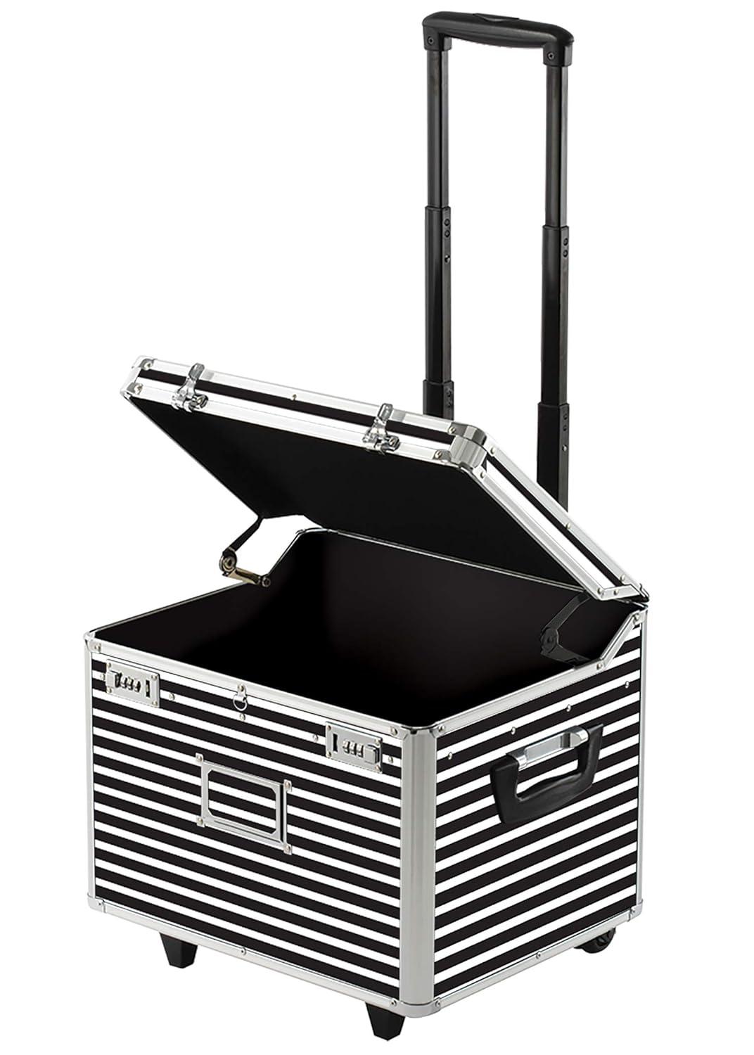 Vaultz Locking Mobile Rolling File Storage Chest, Letter/Legal Wheelie Case, Black/White Stripes