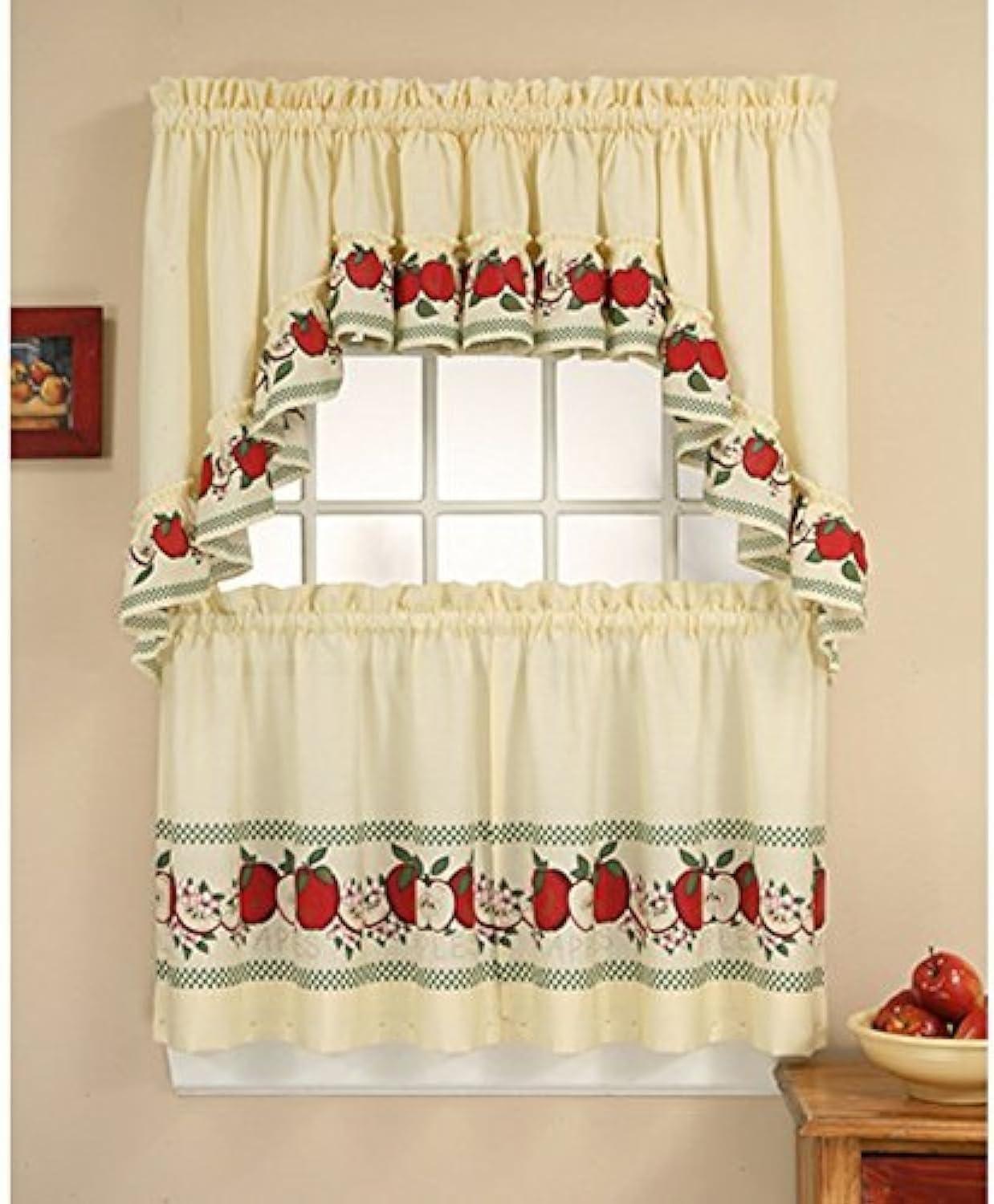 Yellow Floral Apple Print Rod Pocket Curtain Valance Set