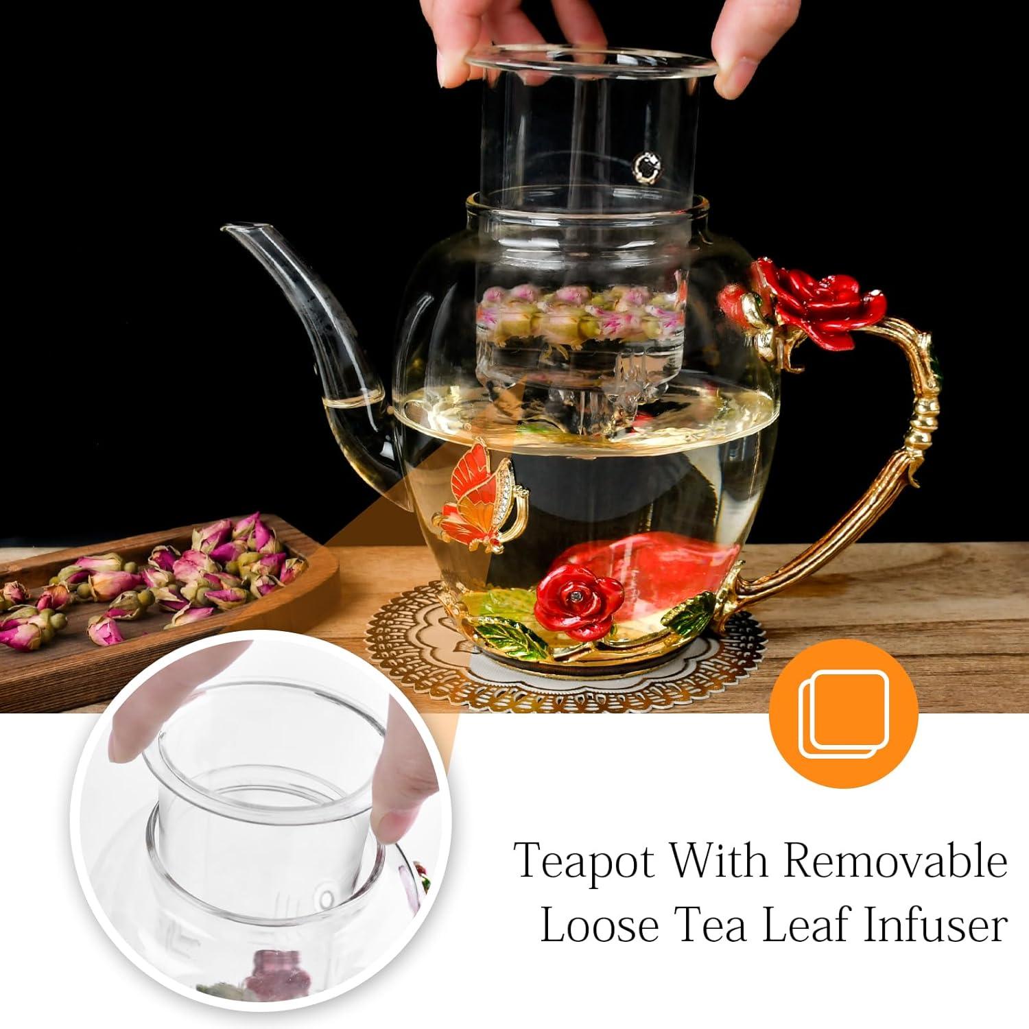 House of Hampton® Enamel Glass Flower Tea Pot With Removable Loose Tea Leaf Infuser Tea Maker Teapot Set 30.4OZ Gifts For Women,Mom,Birthday