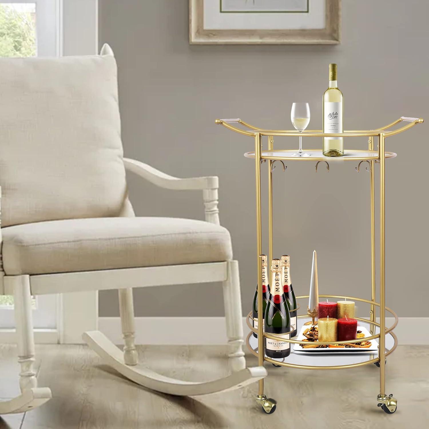 Gold Round Bar Cart with Glass Shelves and Wine Rack