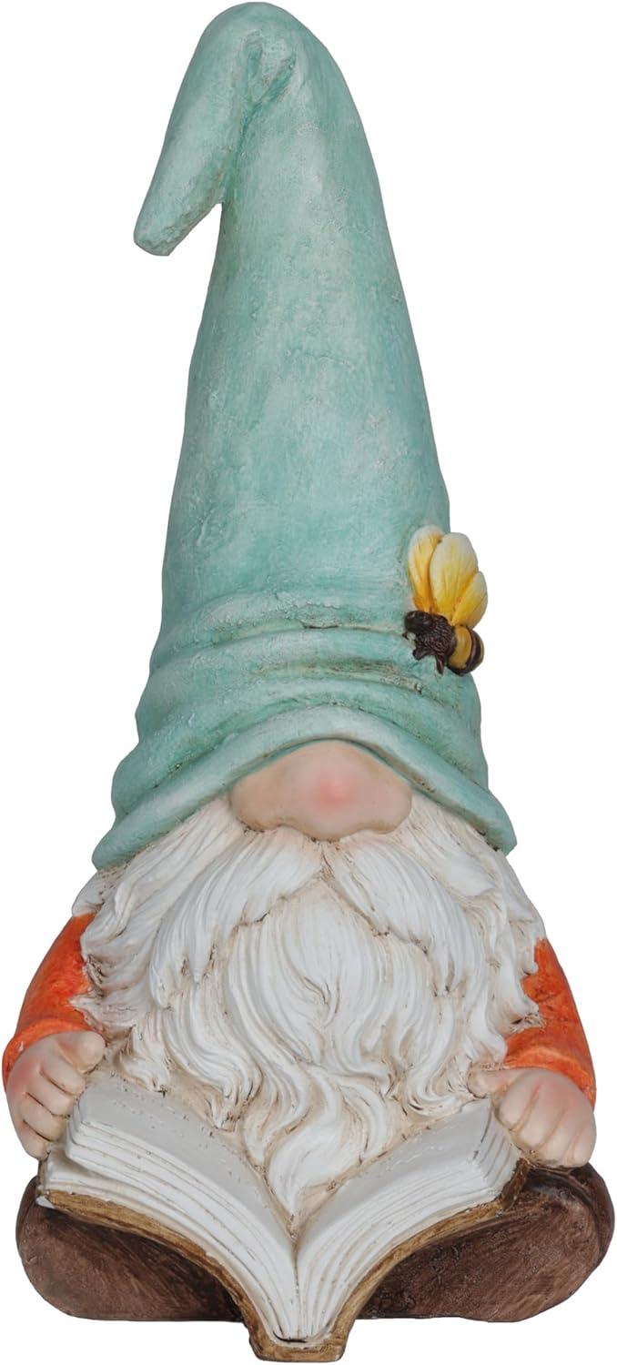 Alpine Corporation Gnome With Turquoise Hat Reading Book Décor: Ceramic Statue, Mythical Charm, Indoor/Outdoor Use