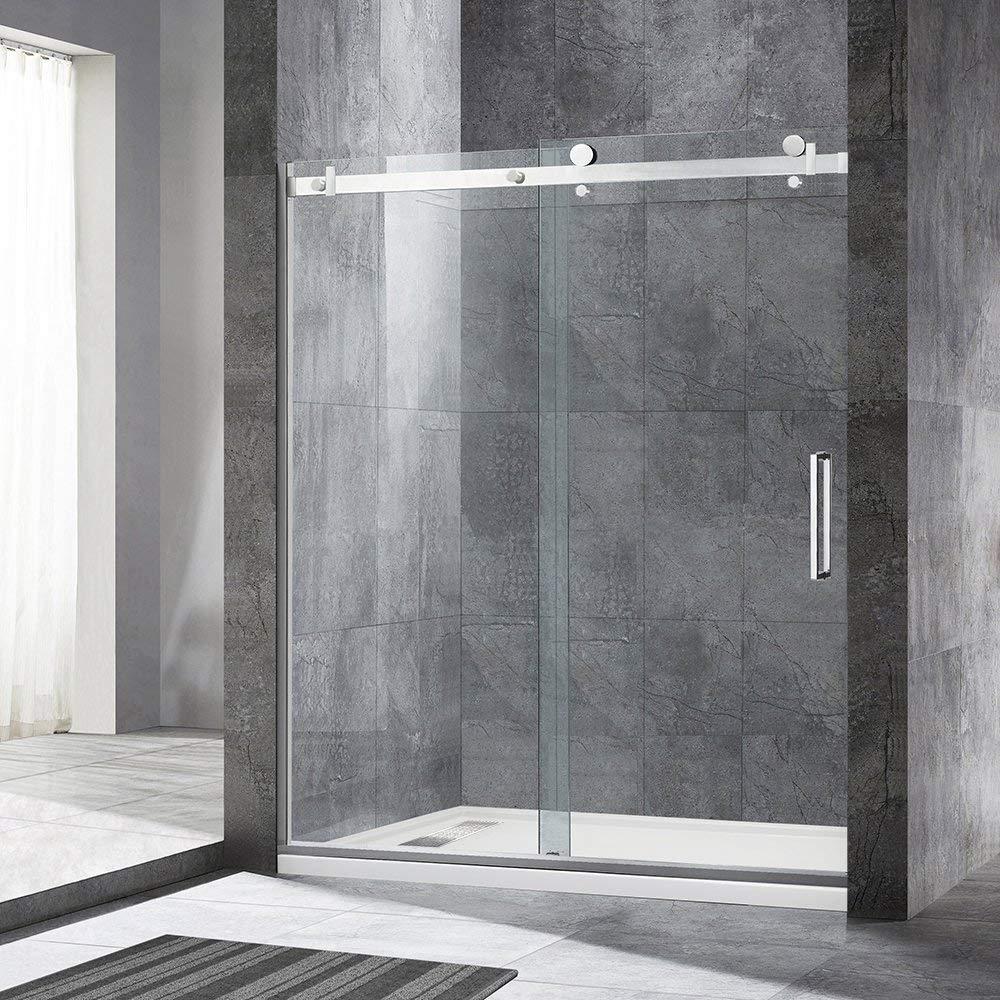 WoodBridge Semi-Frameless Single Sliding Shower Doors, 56-60" W X 76" H With 5/16" Clear Tempered Glass And Explosion-Proof Film MSDF6076-C