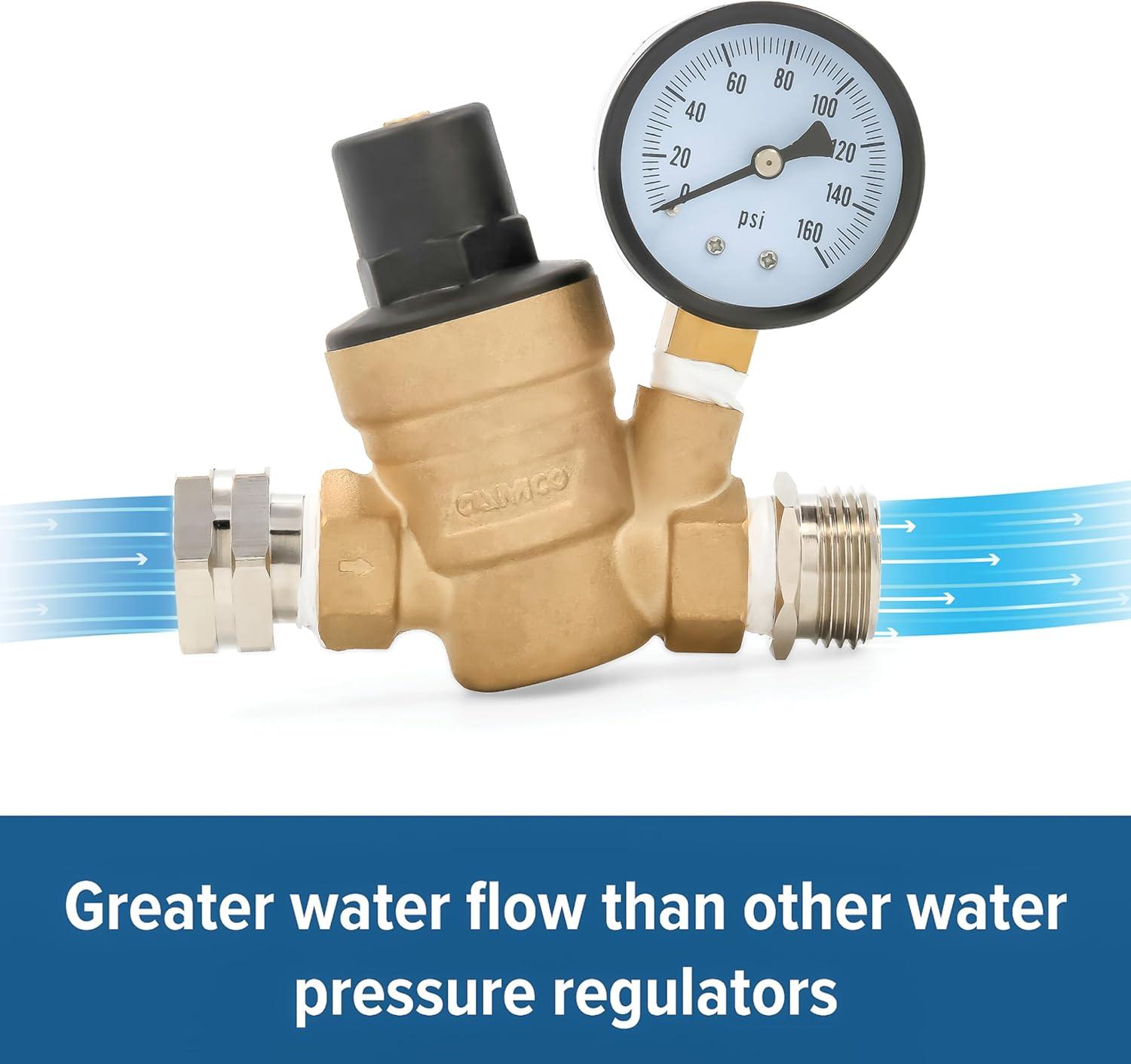 Camco RV Adjustable Brass Water Pressure Regulator - 45-PSI Factory Pre-set (40058)