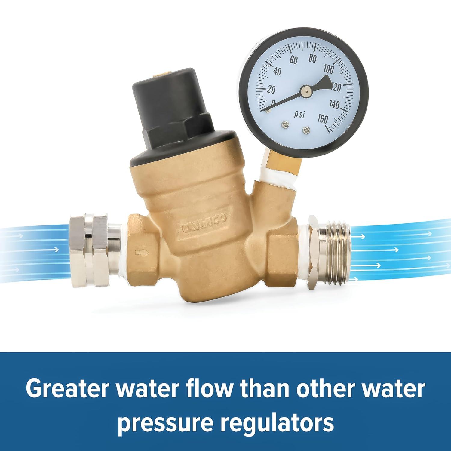 Camco RV Adjustable Brass Water Pressure Regulator - 45-PSI Factory Pre-set (40058)