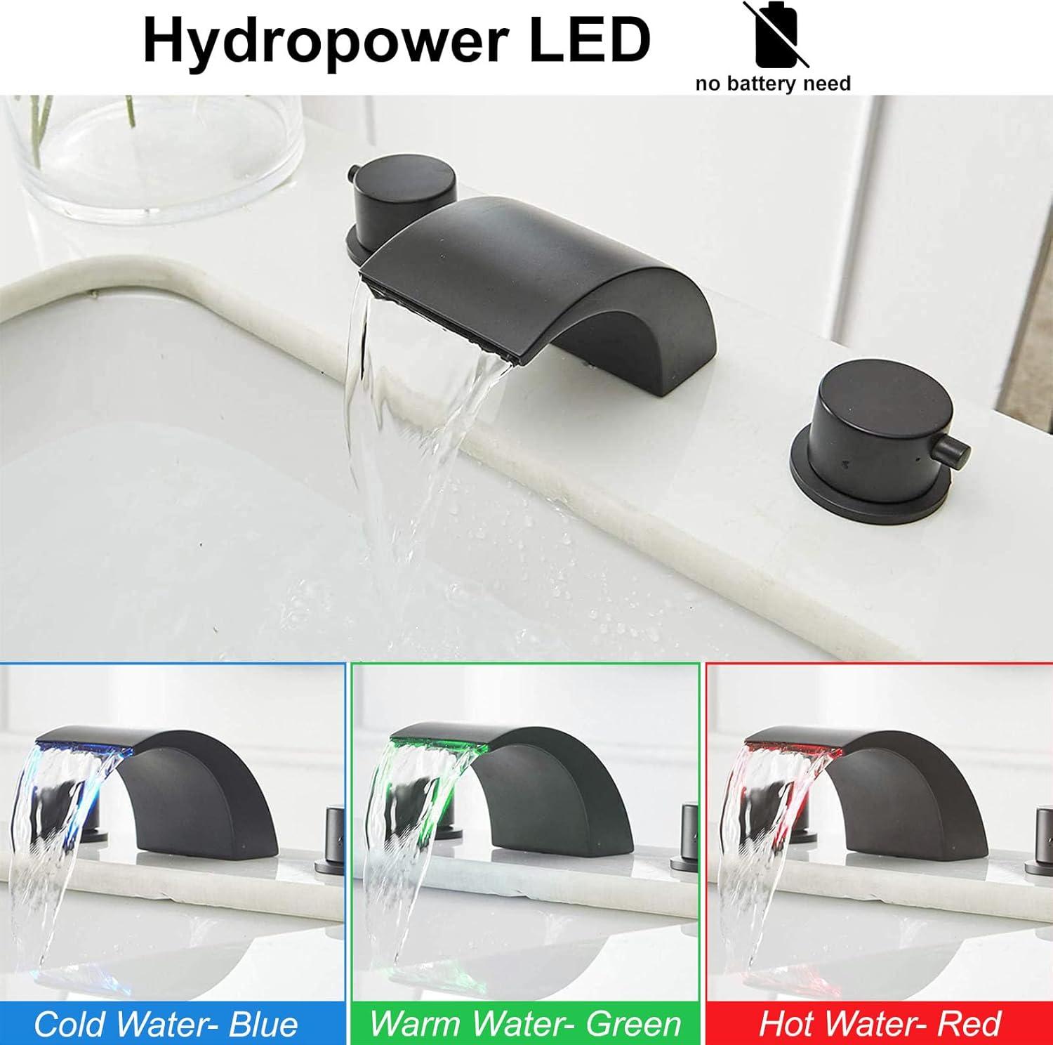 BWE 8 in. Widespread Waterfall Double Handle Three Holes Bathroom Faucet With Led Light in Black