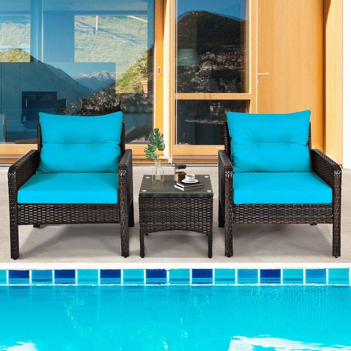 YYAo Garden Conversation Table Set, Conversation Loveseat Chairs Set, 3 Pcs Outdoor Patio Rattan Conversation Set with Seat Cushions-Turquoise