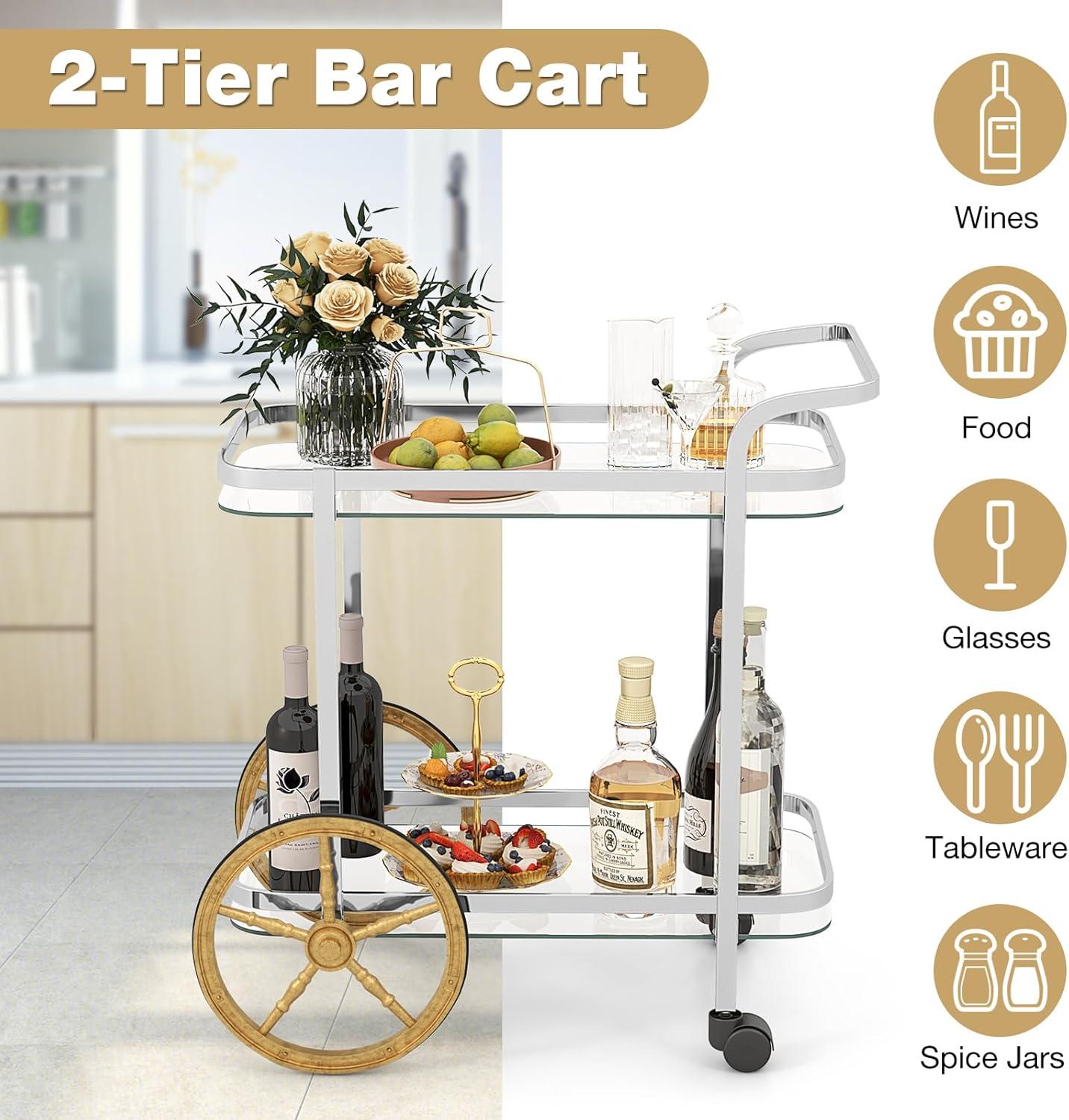 Costway Modern Bar Cart 2-Tier Tempered Glass Serving Cart with 2 Large Aluminum Wheels & 2 Rolling Casters Easy-to-Grip Handle Stainless Steel Frame
