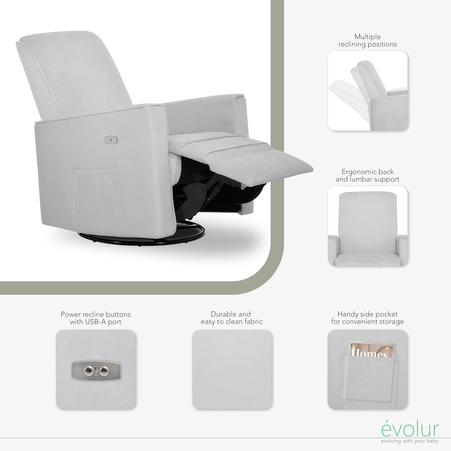 Evolur Harlow Deluxe Greenguard Gold Certified Upholstered Plush Seating Glider Swivel & Power Recliner, Grey