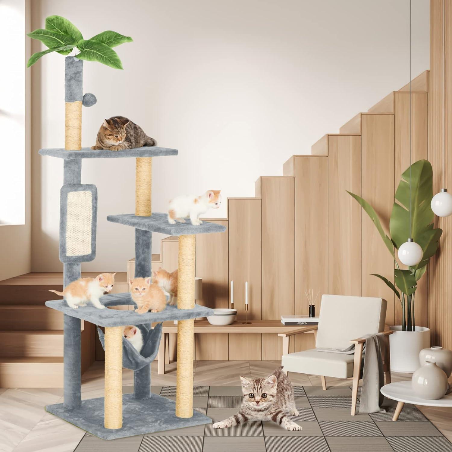 55" Cat Tree for Indoor Cats with Green Leaves, Multi-Level Large Cat Tower for Indoor Cats with Hammock, Plush Cat House with Hang Ball Toy and Cat Sisal Scratching Posts Cat Furniture, Green