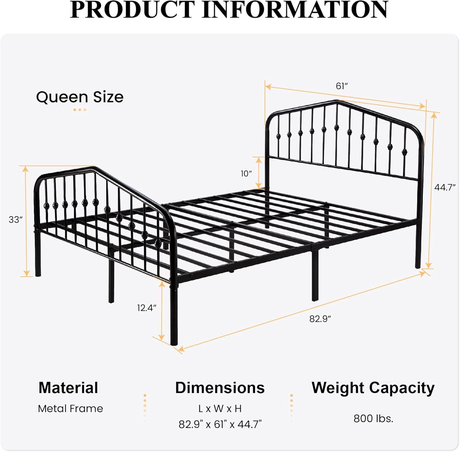 Queen Black Metal Platform Bed Frame with Victorian Headboard