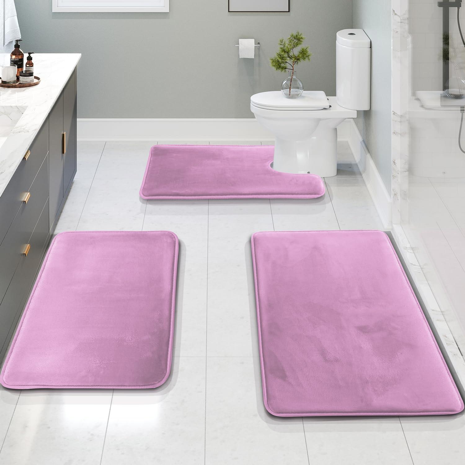 Hearth & Harbor 3 Piece Bathroom Rugs Bath Mat Set, Non-Slip Velvet Memory Foam Bath Mats, Lavender Dream