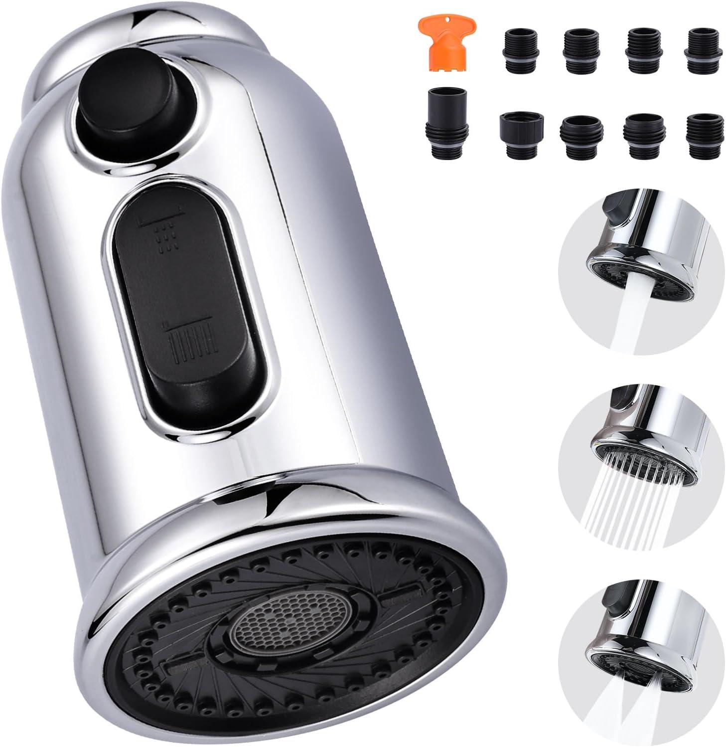 Chrome 3-Function Kitchen Faucet Spray Head with 9 Adapters