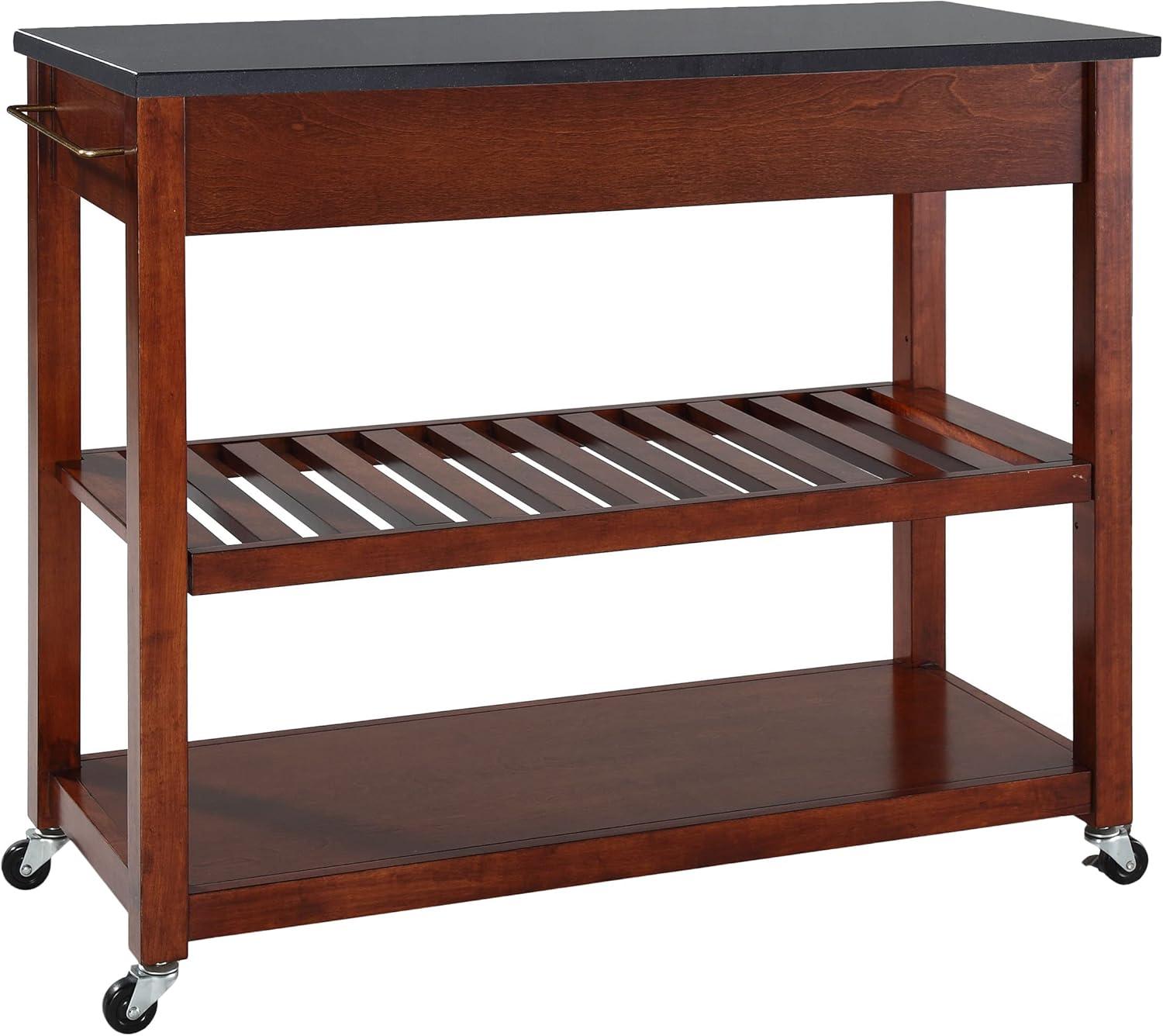 Crosley Solid Black Granite Top Kitchen Cart/Island with Optional Stool Storage Classic Cherry: Modern Rolling Furniture with Storage, 2 Shelves