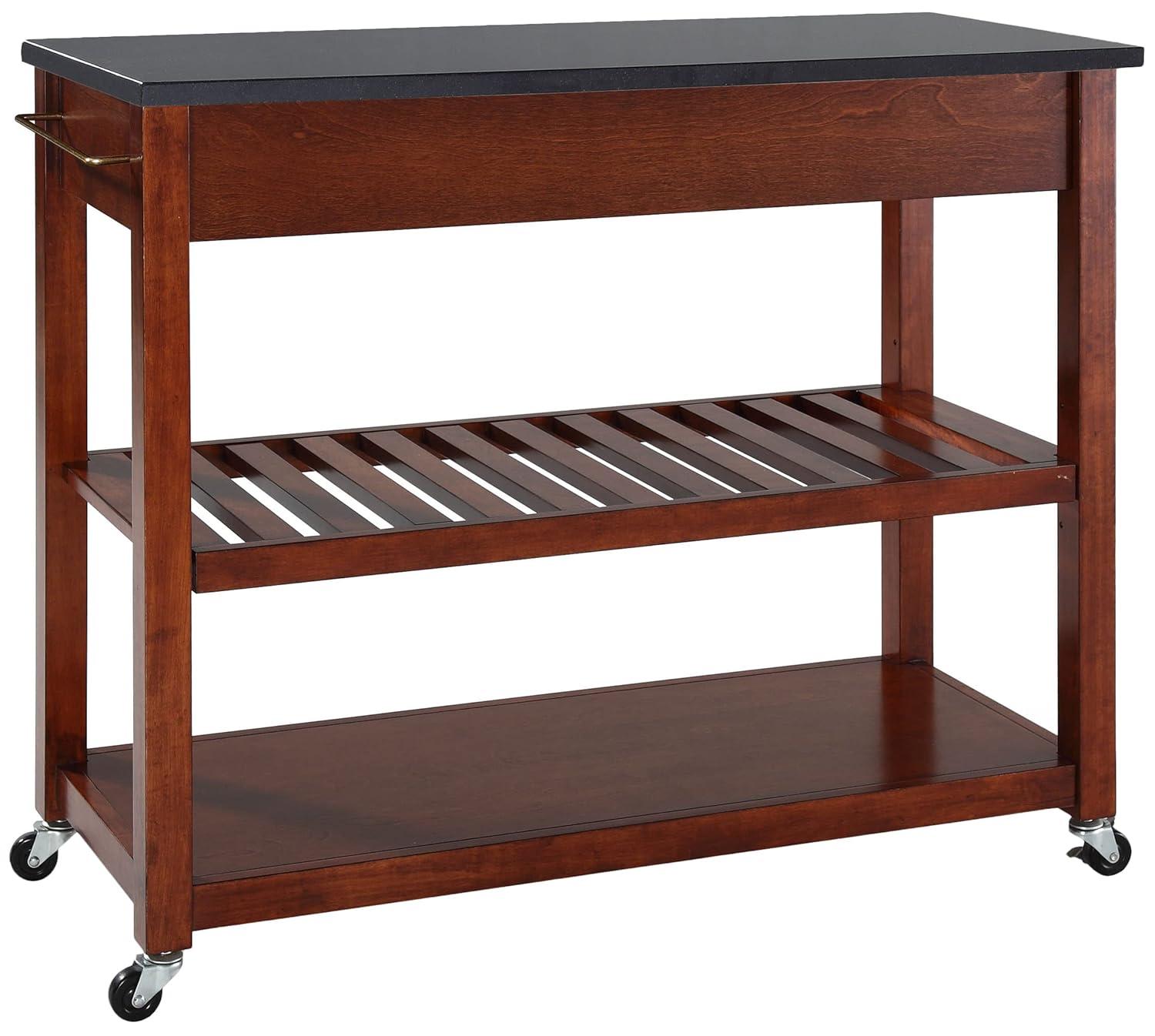 Crosley Solid Black Granite Top Kitchen Cart/Island with Optional Stool Storage Classic Cherry: Modern Rolling Furniture with Storage, 2 Shelves