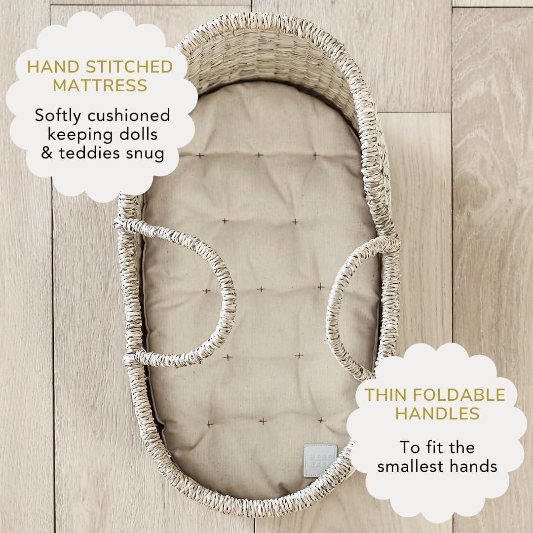 Premium Baby Doll Bassinet - Handcrafted & Award-Winning Seagrass Moses Basket - Doll Carrier with Luxe Mattress