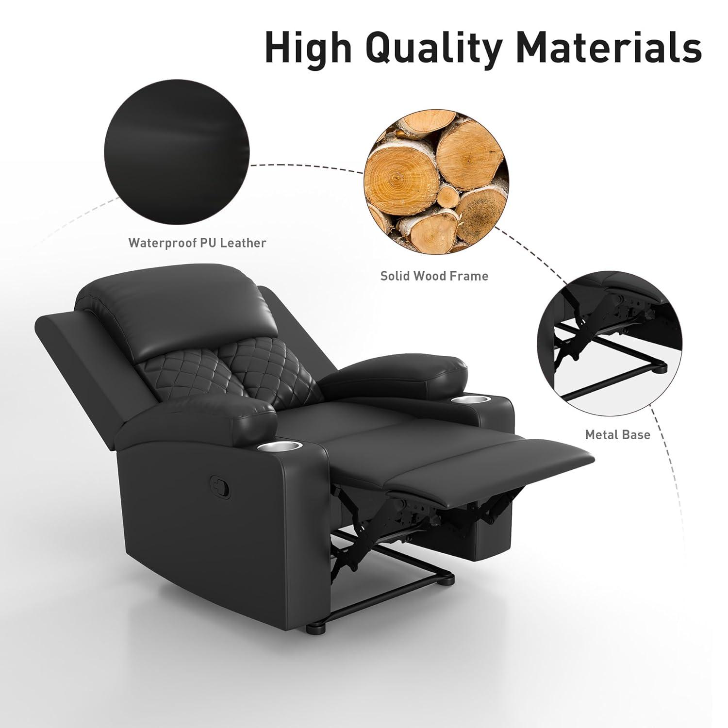 Bonzy Home Manual Recliner Chair for Adults, Comfortable Faux Leather Home Theater Seating with Overstuffed Backrest and Armrests, 2 Cup Holders, Black